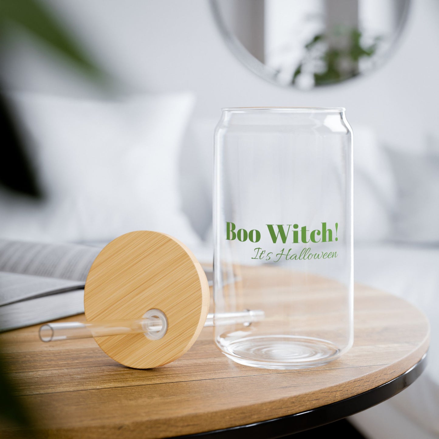 Green "Boo Witch! It's Halloween" 16oz Sipper Glass with Bamboo Lid - Stylish Drinkware for the Spooky Season