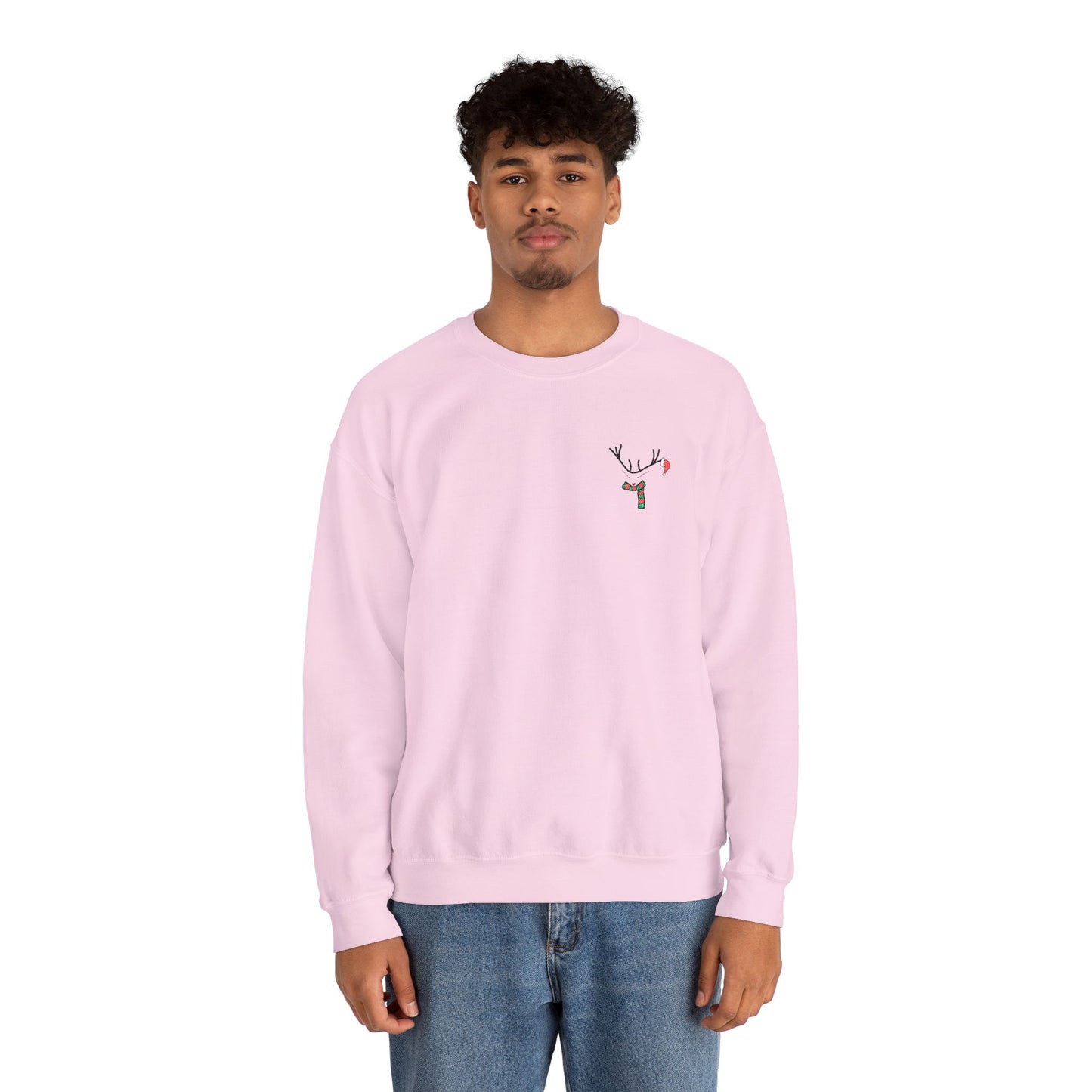 Crewneck Sweatshirt — Minimal Reindeer Pocket Embroidery, Cute Christmas Holiday Pullover