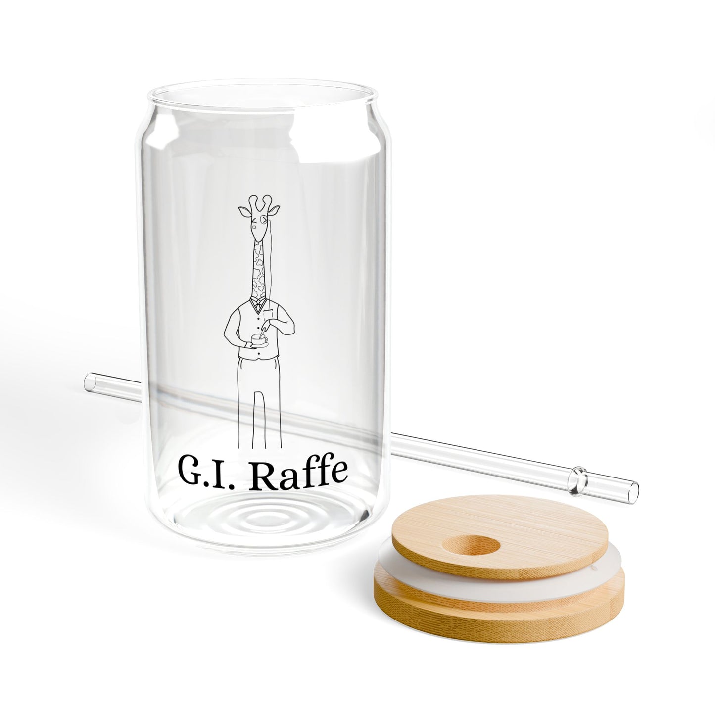 "G.I. Raffe" 16oz Sipper Glass - Giraffe holding a cup of tea