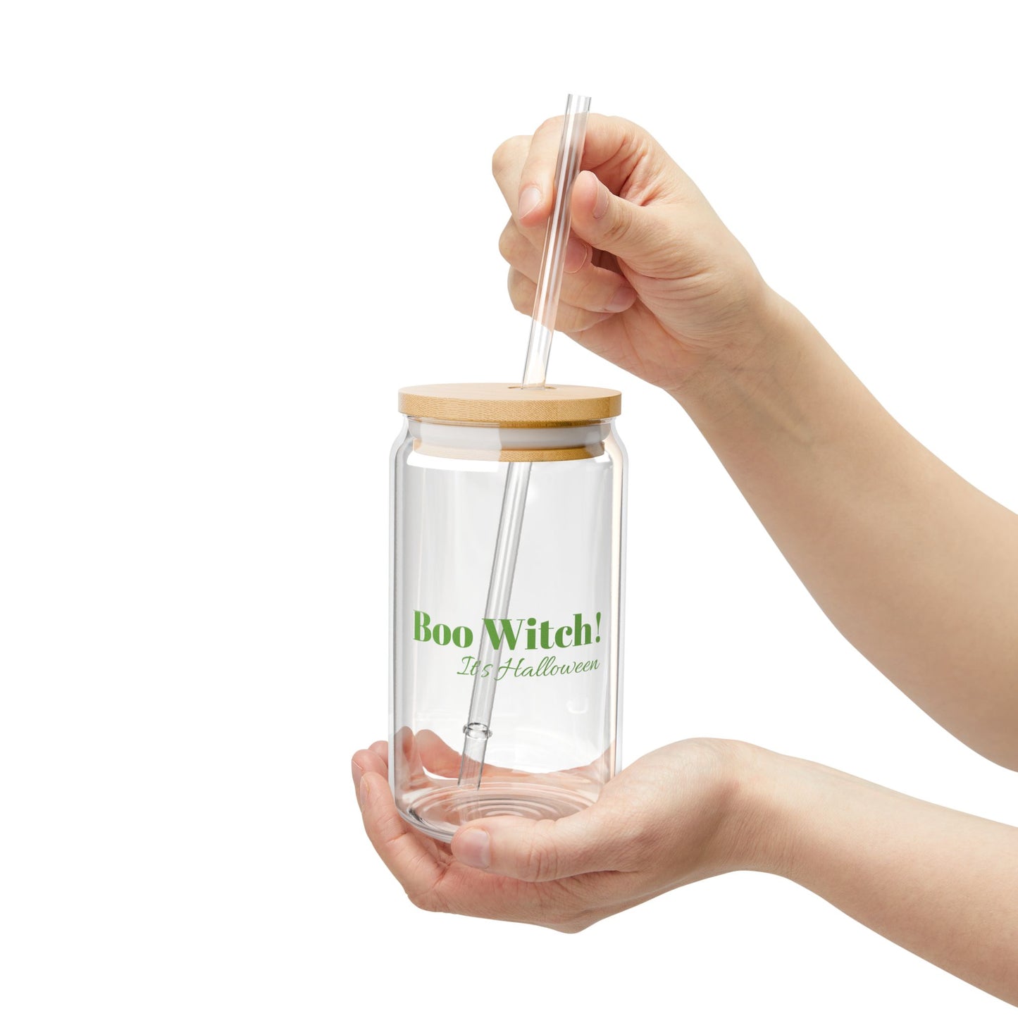 Green "Boo Witch! It's Halloween" 16oz Sipper Glass with Bamboo Lid - Stylish Drinkware for the Spooky Season