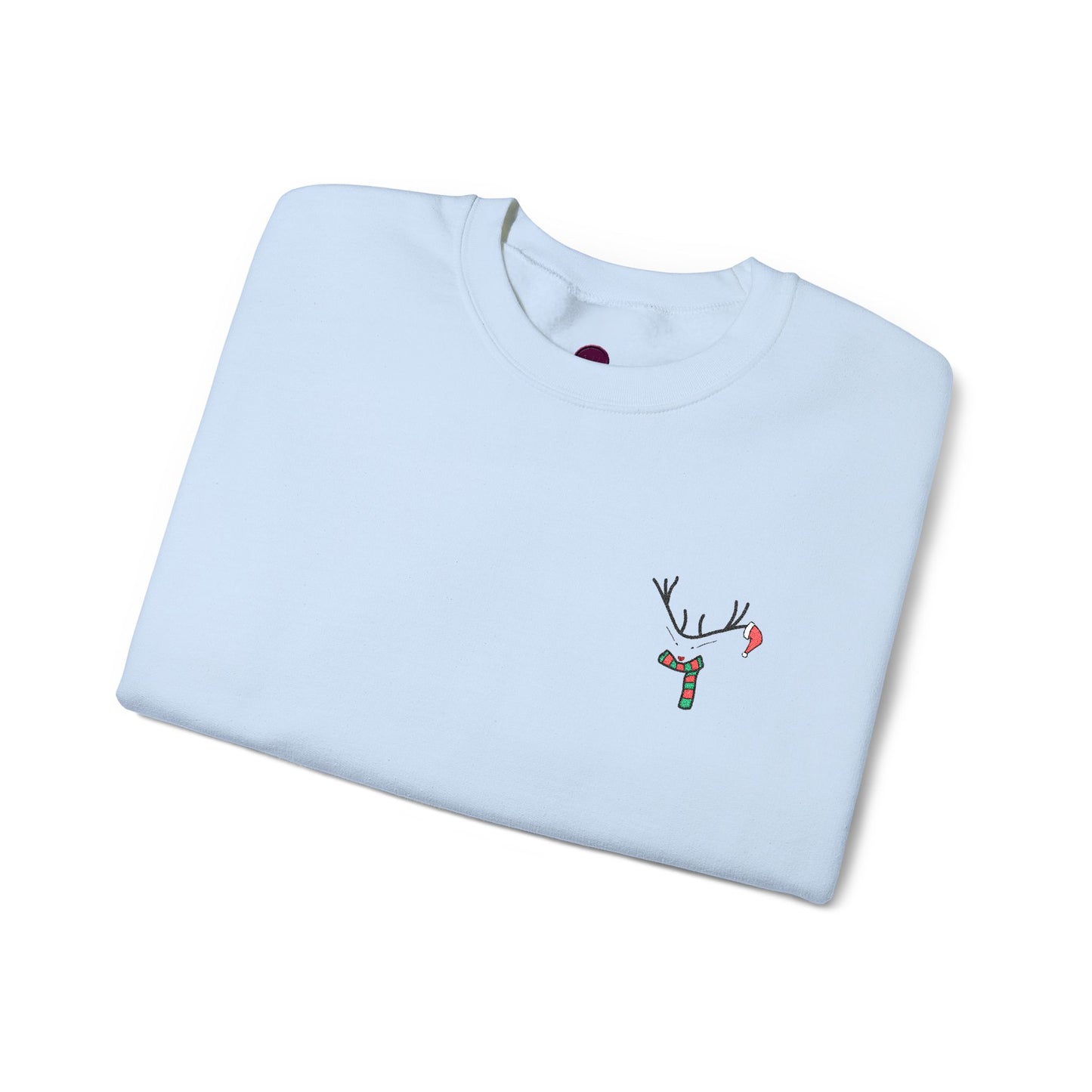 Crewneck Sweatshirt — Minimal Reindeer Pocket Embroidery, Cute Christmas Holiday Pullover
