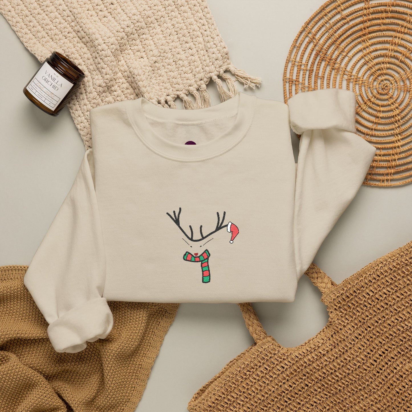 Embroidered Christmas Reindeer Minimalist Crewneck Sweatshirt