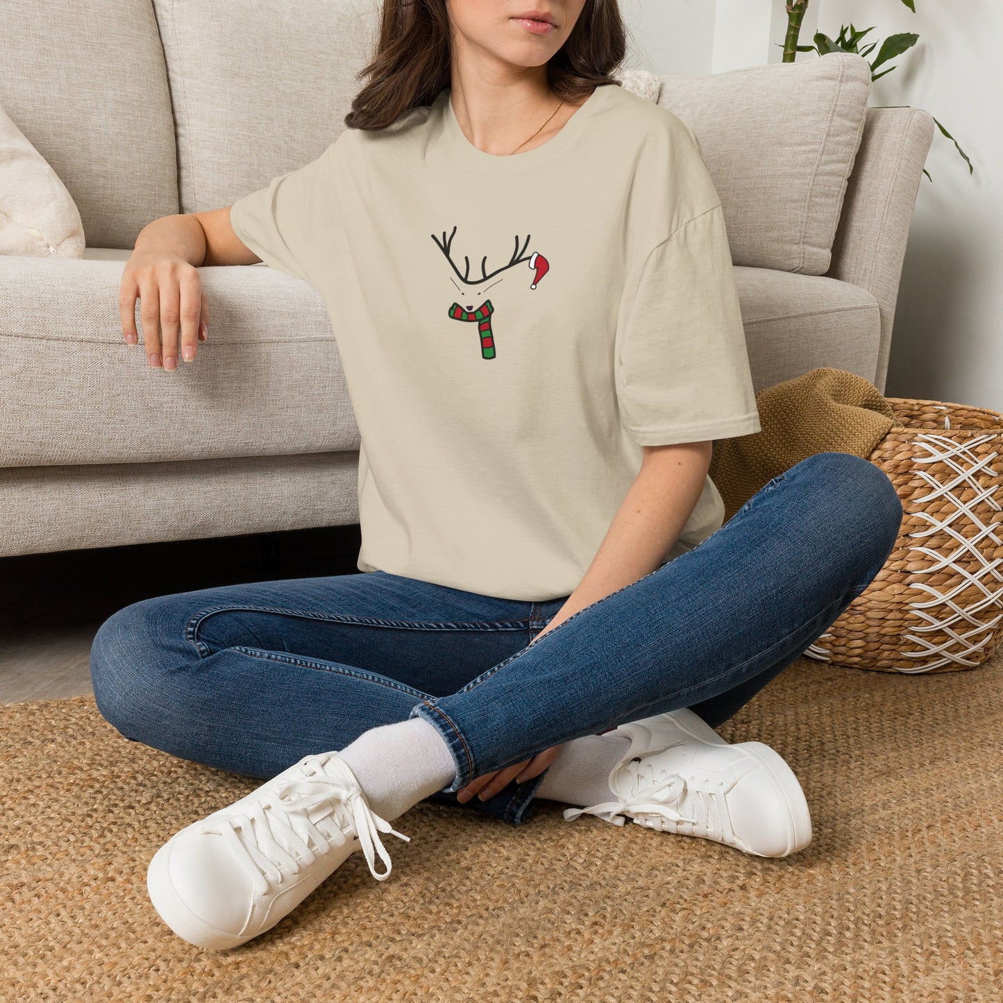 Reindeer Minimalist T‑Shirt — Festive Antlers, Scarf & Santa Hat Design
