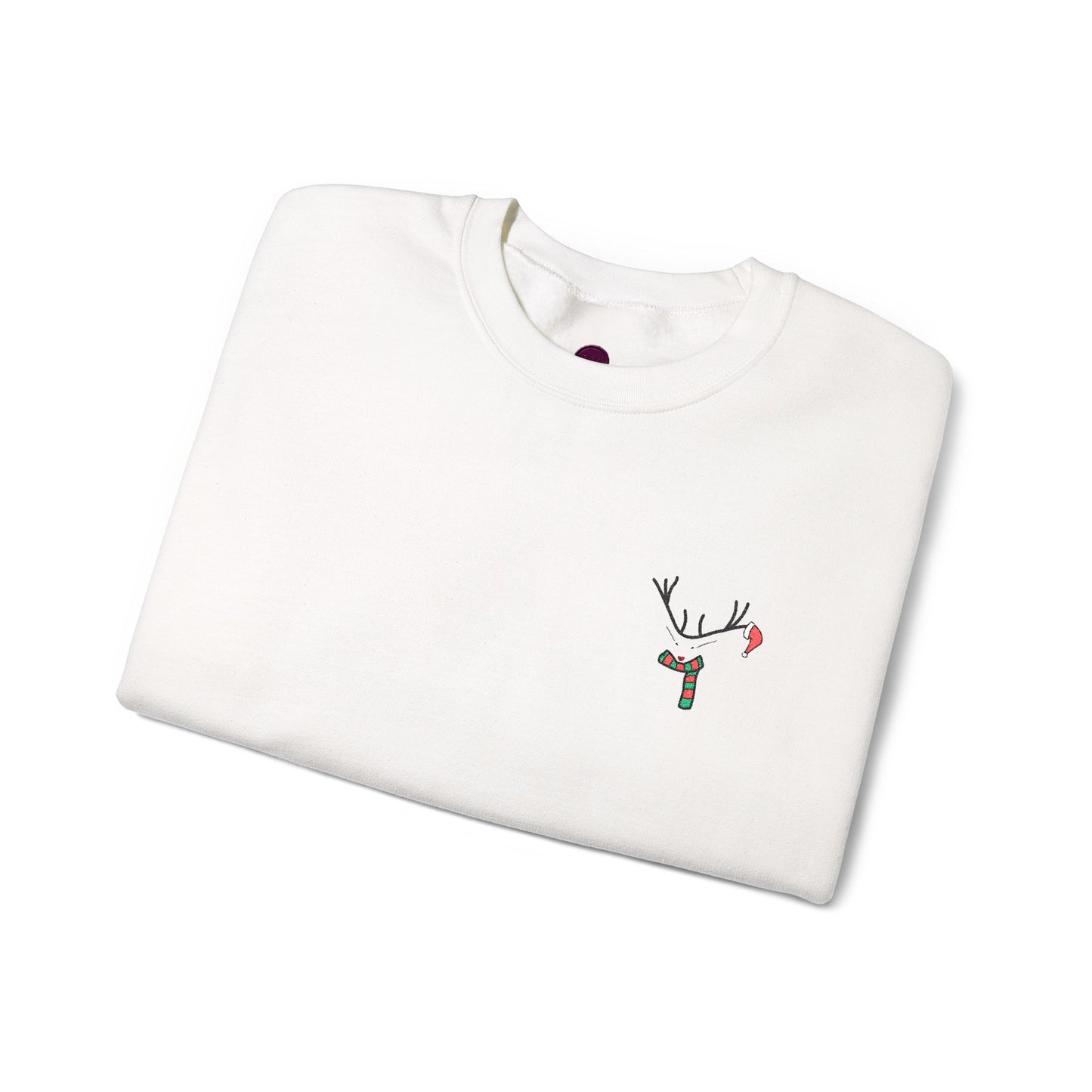 Crewneck Sweatshirt — Minimal Reindeer Pocket Embroidery, Cute Christmas Holiday Pullover