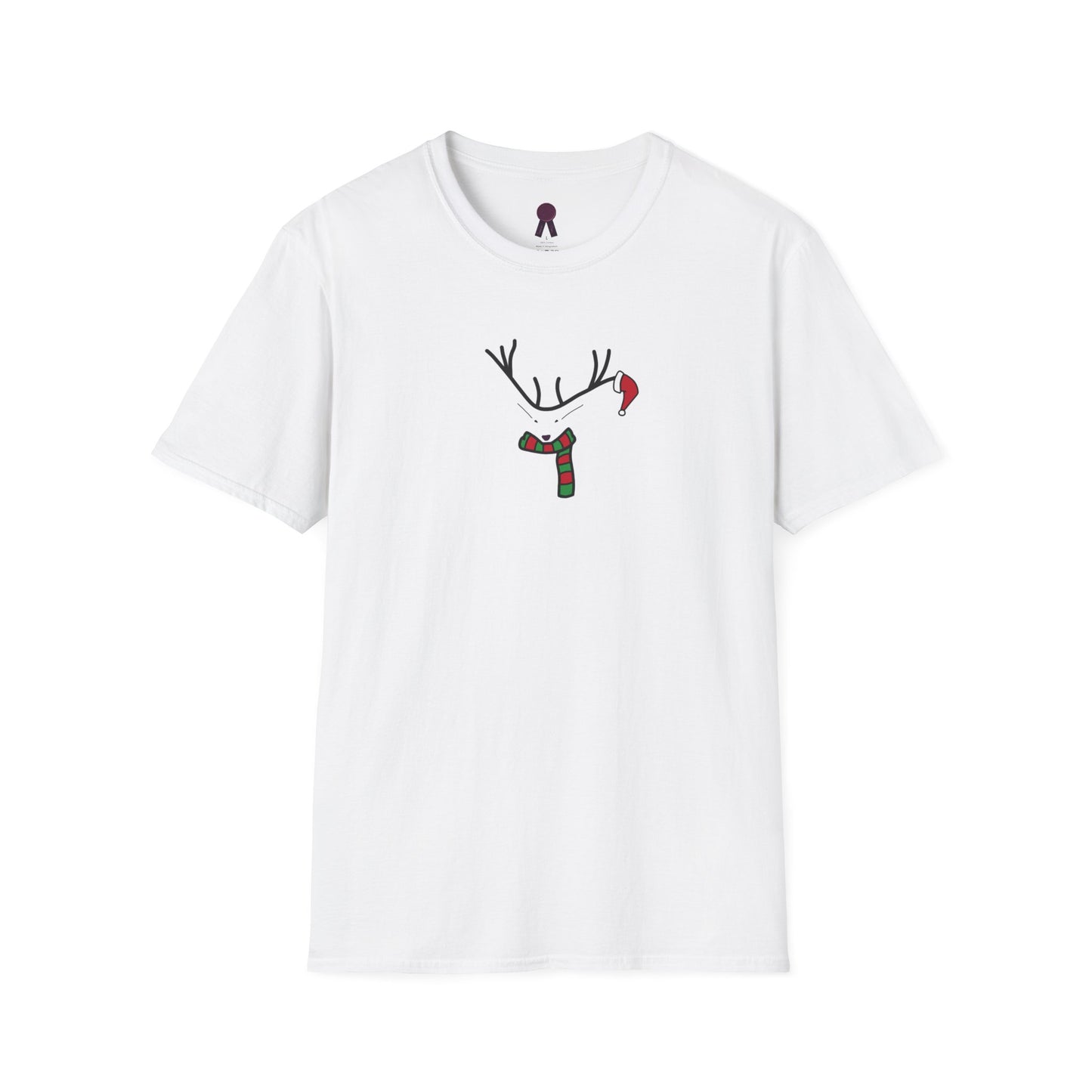 Reindeer Minimalist T‑Shirt — Festive Antlers, Scarf & Santa Hat Design