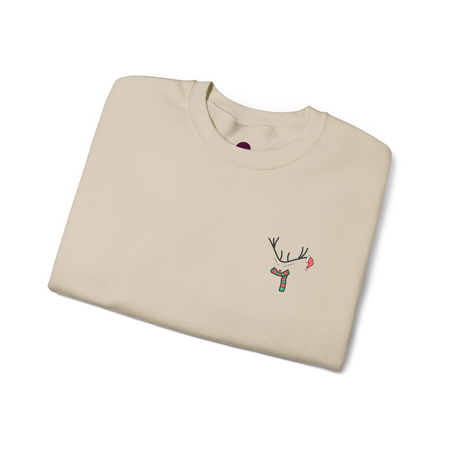 Crewneck Sweatshirt — Minimal Reindeer Pocket Embroidery, Cute Christmas Holiday Pullover