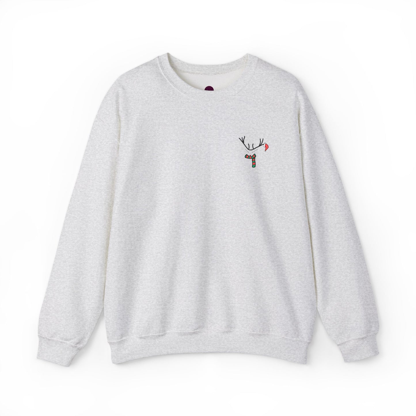 Crewneck Sweatshirt — Minimal Reindeer Pocket Embroidery, Cute Christmas Holiday Pullover