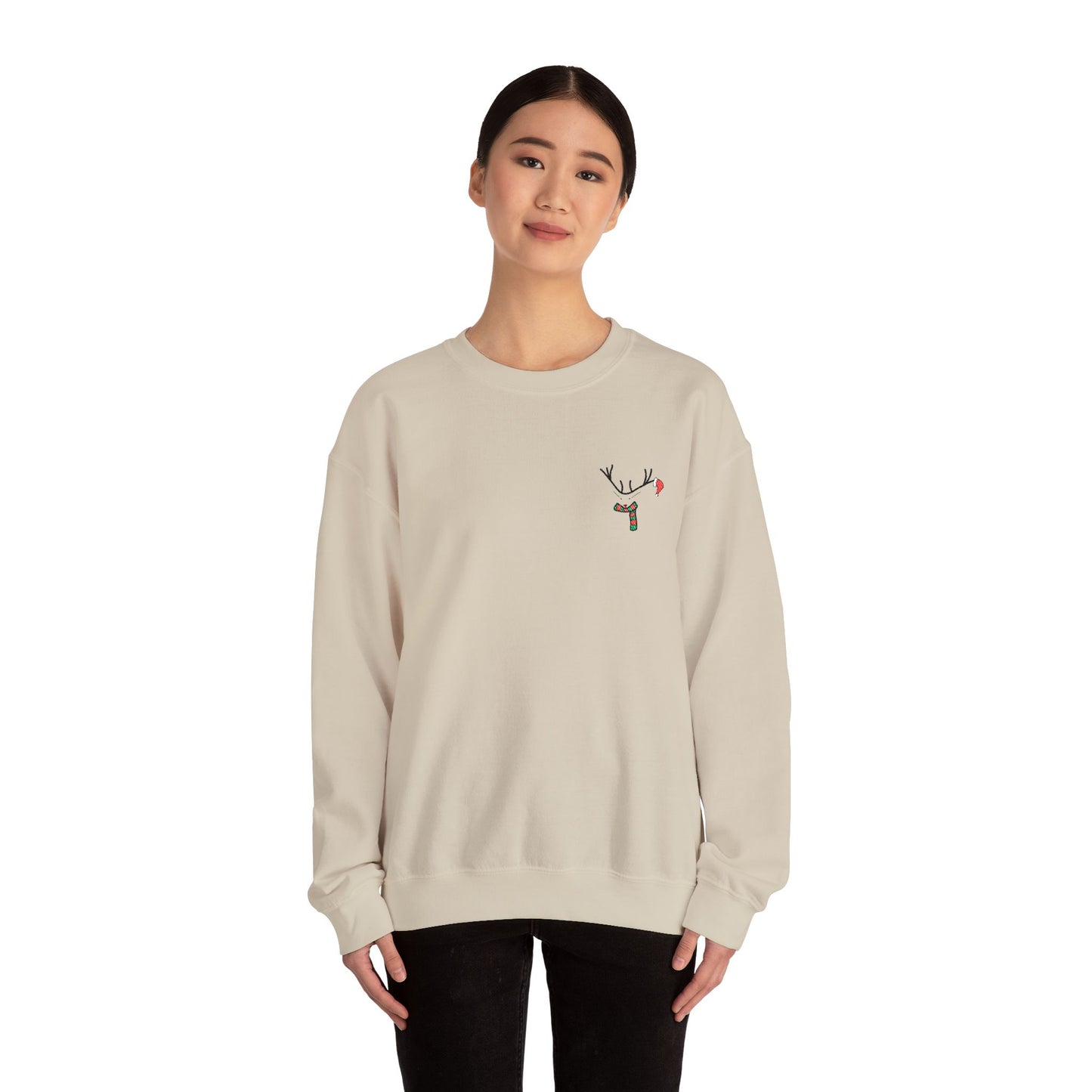 Crewneck Sweatshirt — Minimal Reindeer Pocket Embroidery, Cute Christmas Holiday Pullover