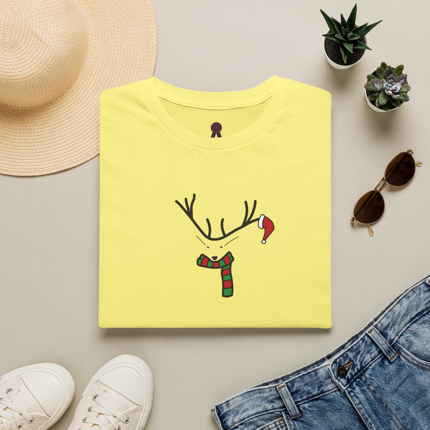 Reindeer Minimalist T‑Shirt — Festive Antlers, Scarf & Santa Hat Design
