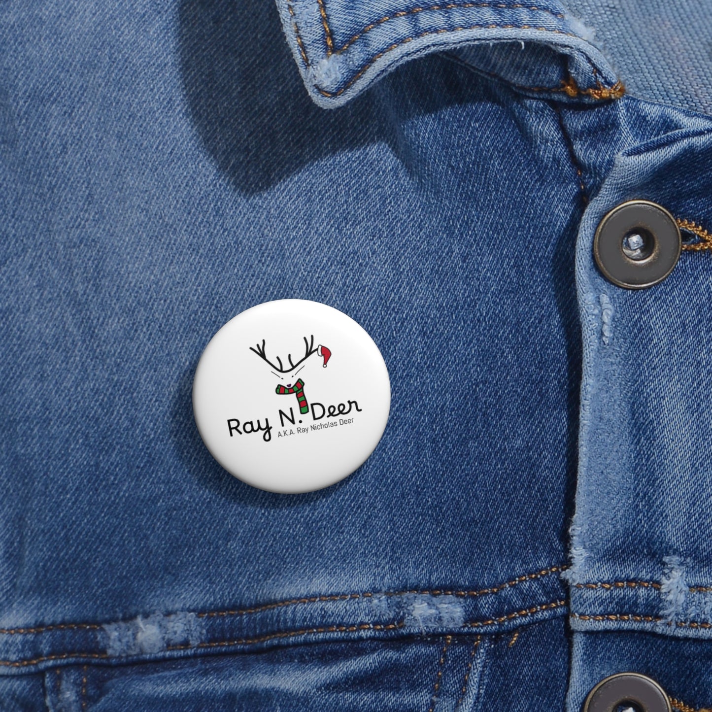 Ray N. Deer Holiday Pin Button — Cute Reindeer Badge with Scarf & Santa Hat