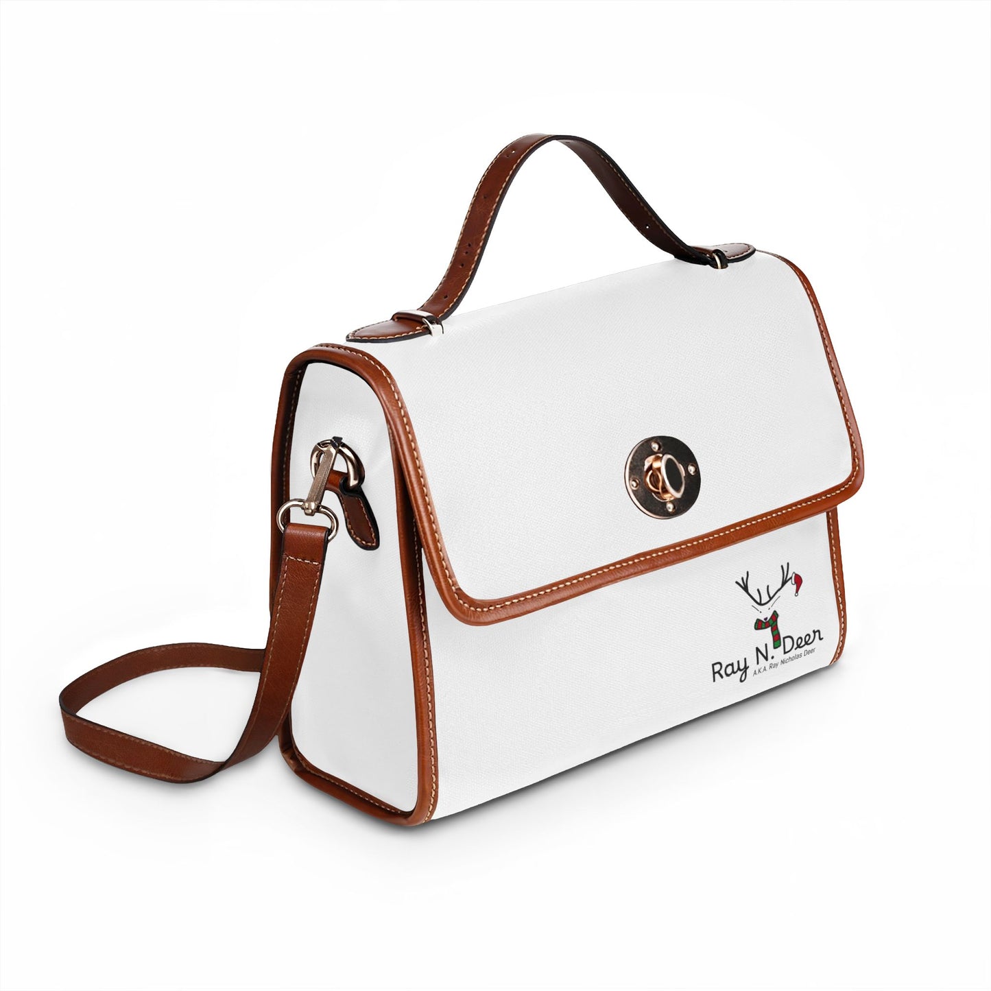 Ray N. Deer Waterproof Canvas Satchel — White Leather-Trim Turn-Lock Purse