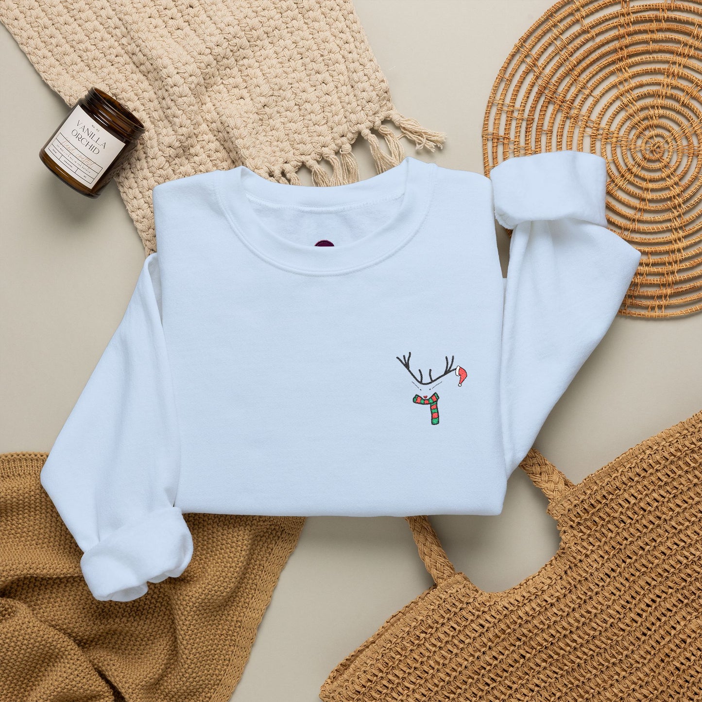 Crewneck Sweatshirt — Minimal Reindeer Pocket Embroidery, Cute Christmas Holiday Pullover