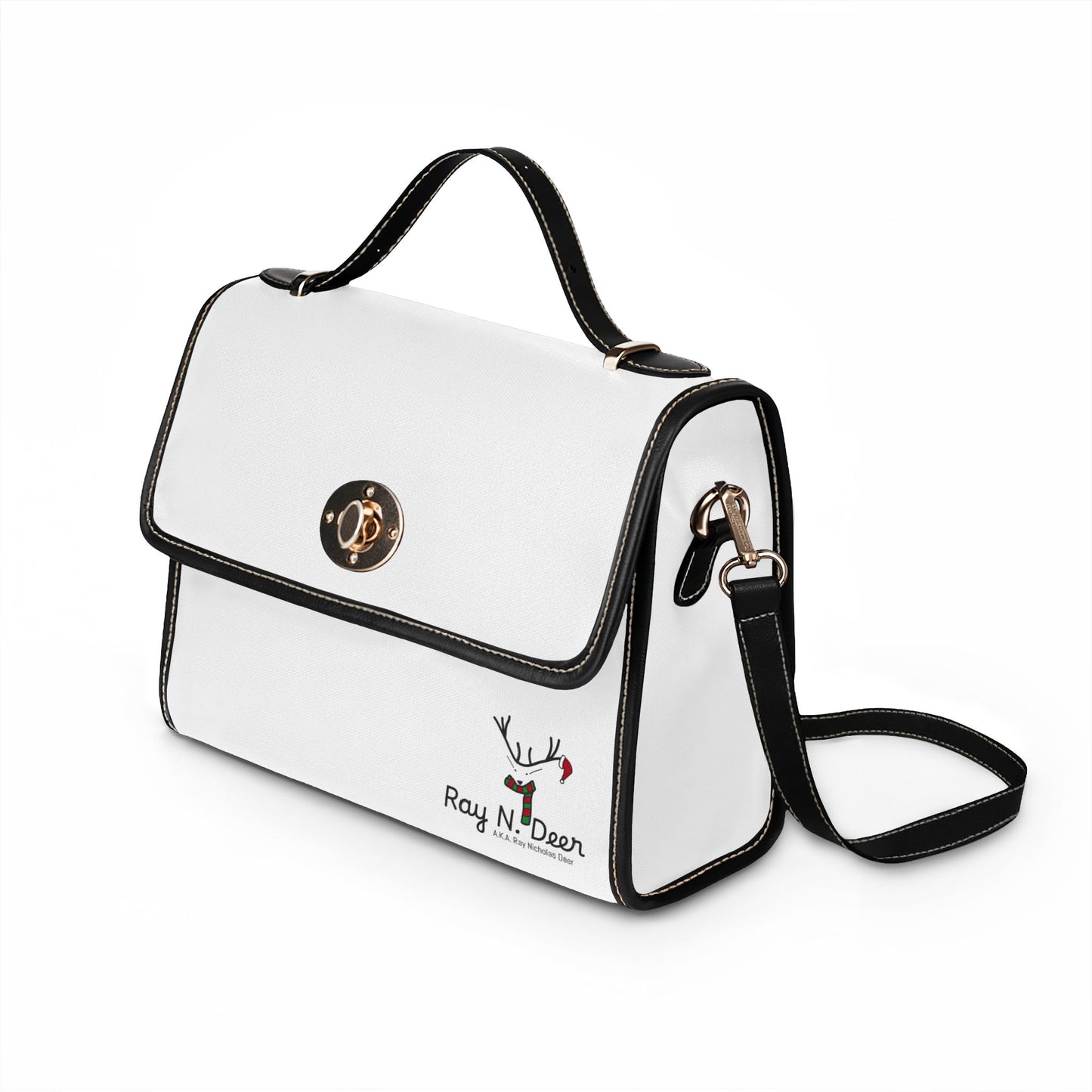 Ray N. Deer Waterproof Canvas Satchel — White Leather-Trim Turn-Lock Purse