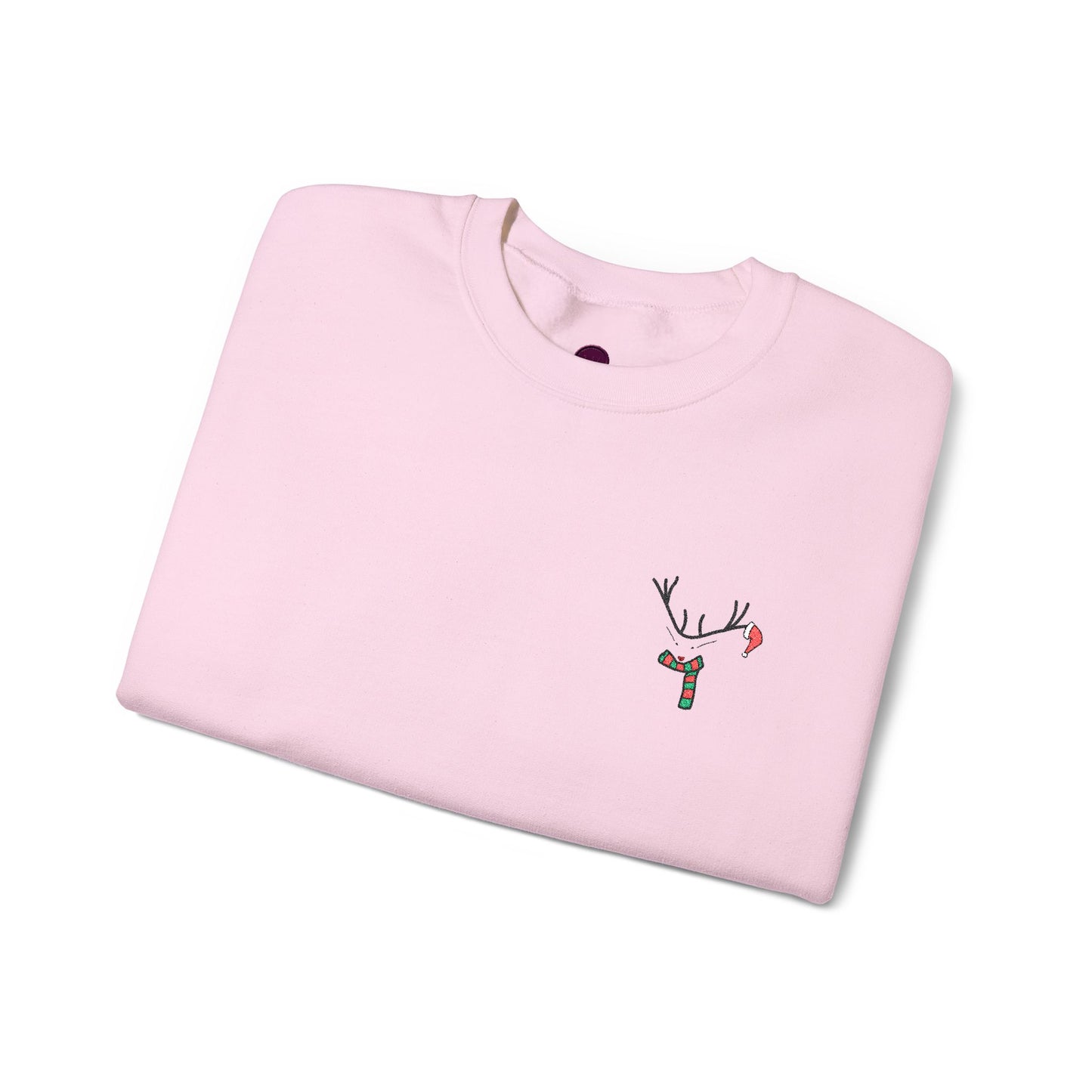 Crewneck Sweatshirt — Minimal Reindeer Pocket Embroidery, Cute Christmas Holiday Pullover