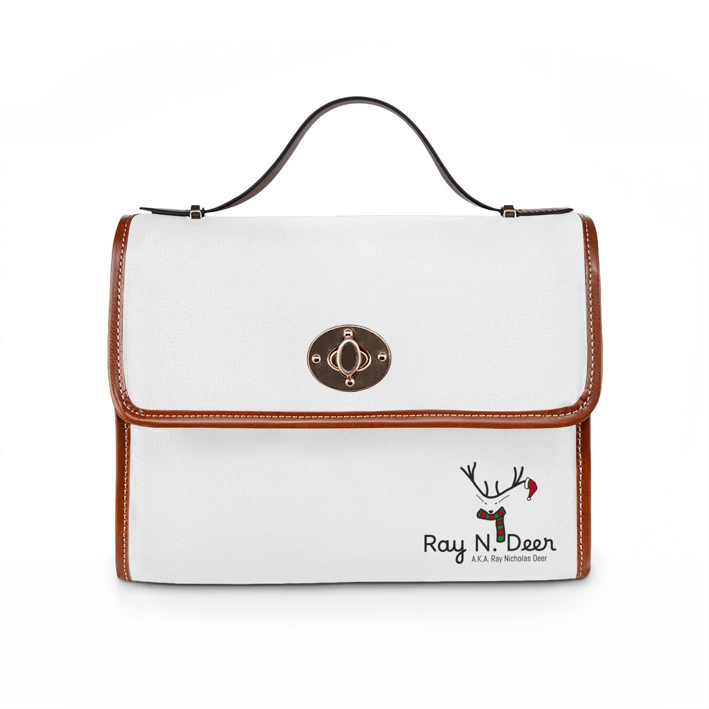 Ray N. Deer Waterproof Canvas Satchel — White Leather-Trim Turn-Lock Purse