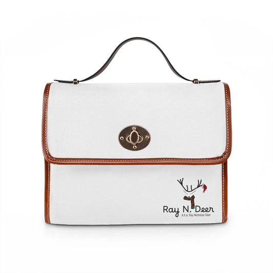 Ray N. Deer Waterproof Canvas Satchel — White Leather-Trim Turn-Lock Purse