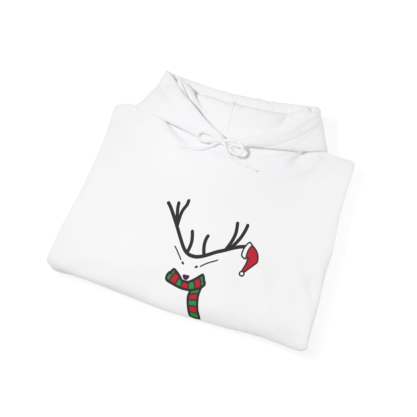 Reindeer Minimalist Holiday Hoodie — Festive Scarf & Santa Hat Design
