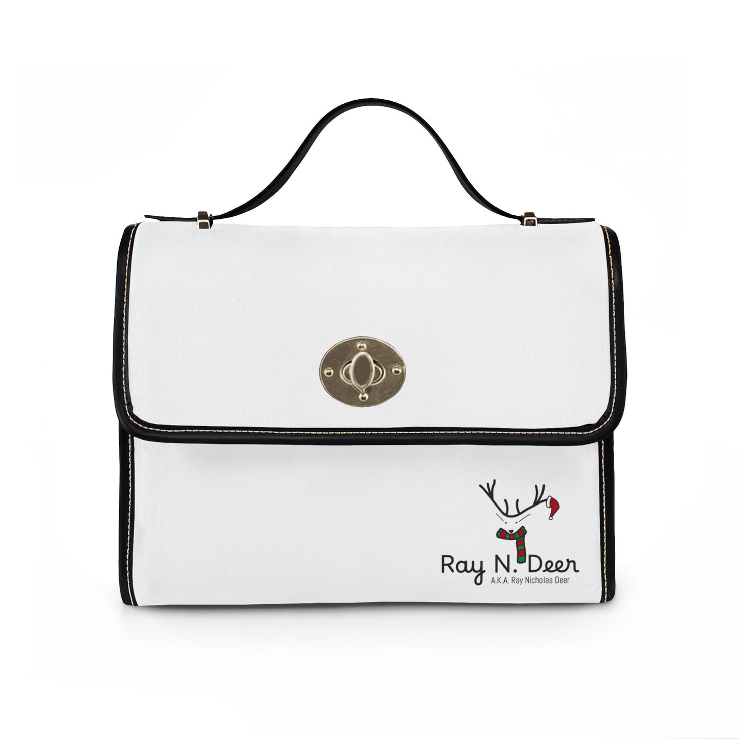 Ray N. Deer Waterproof Canvas Satchel — White Leather-Trim Turn-Lock Purse