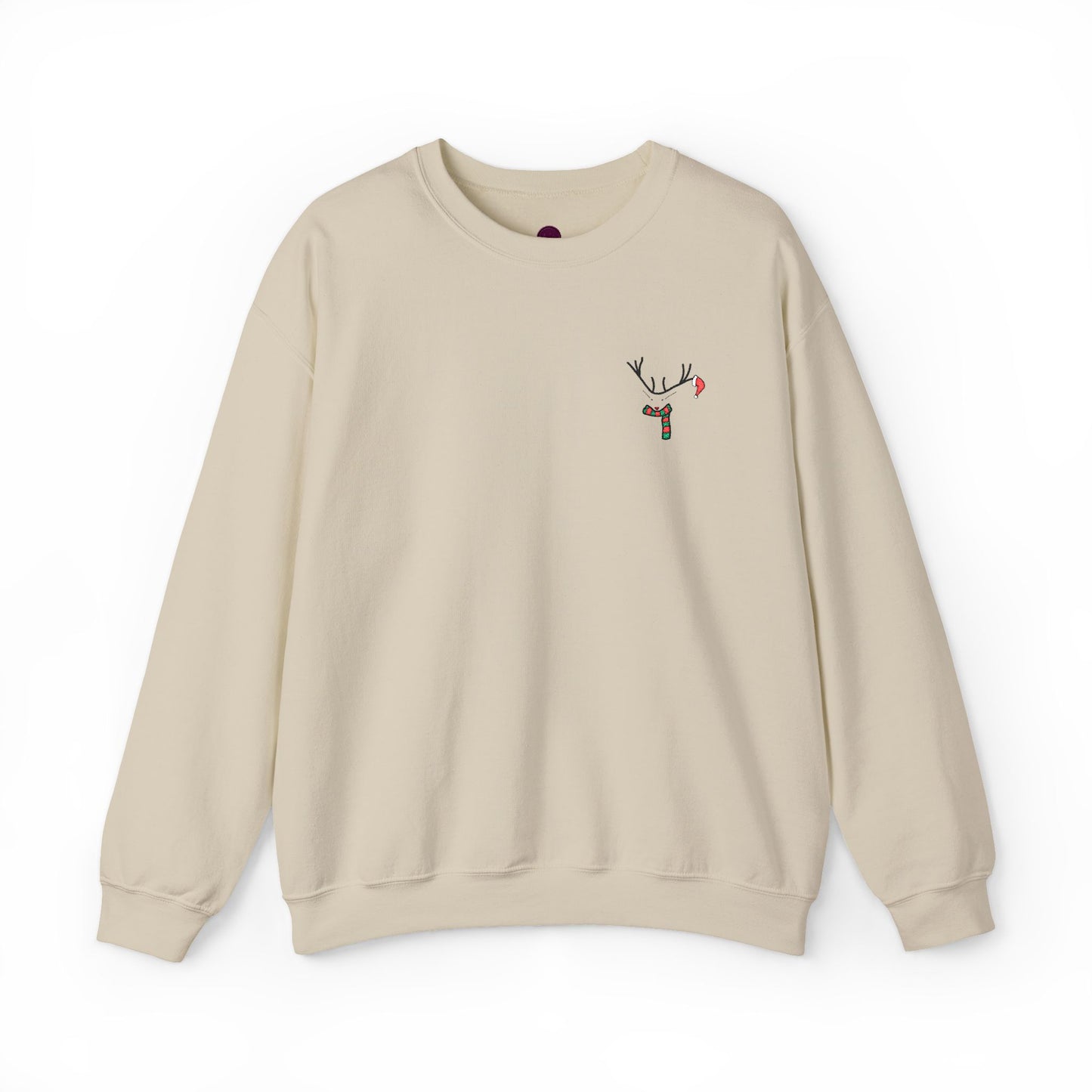 Crewneck Sweatshirt — Minimal Reindeer Pocket Embroidery, Cute Christmas Holiday Pullover
