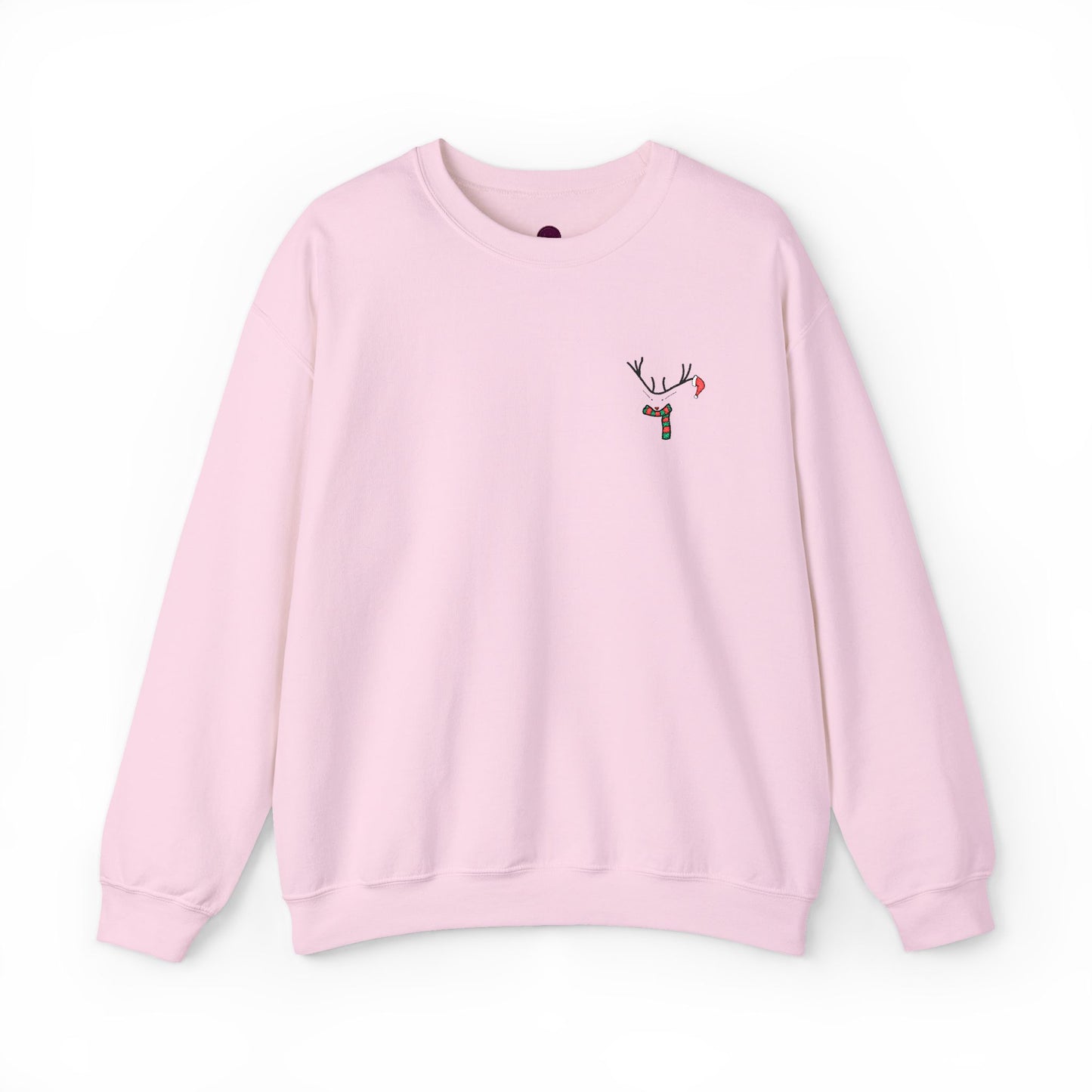 Crewneck Sweatshirt — Minimal Reindeer Pocket Embroidery, Cute Christmas Holiday Pullover