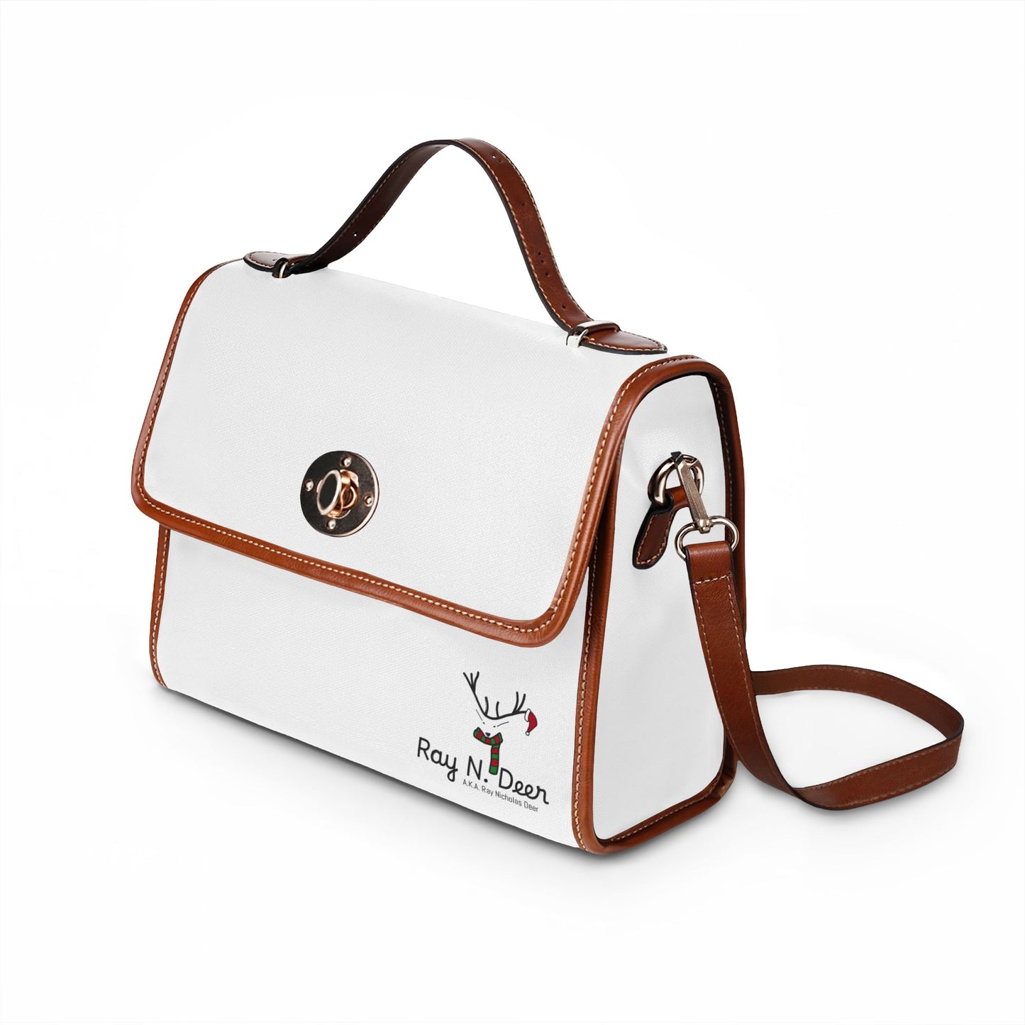 Ray N. Deer Waterproof Canvas Satchel — White Leather-Trim Turn-Lock Purse