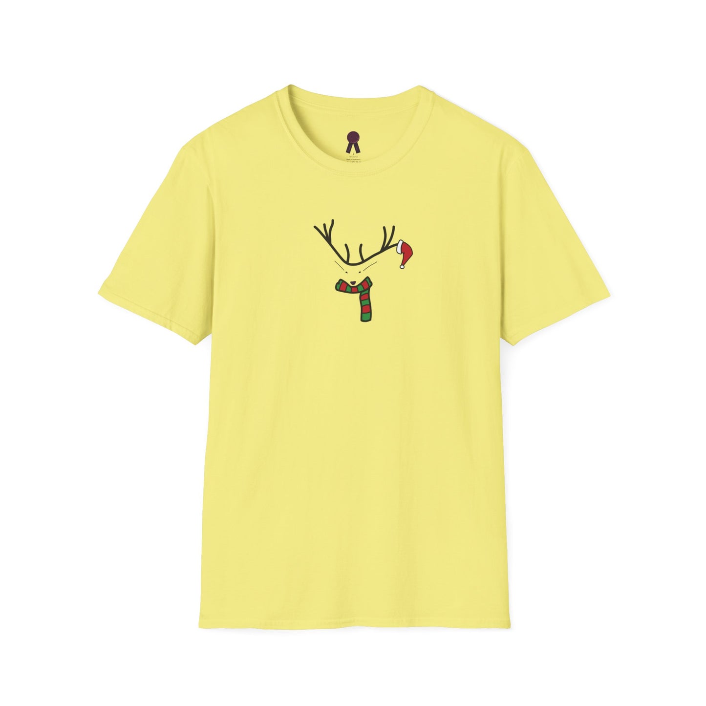 Reindeer Minimalist T‑Shirt — Festive Antlers, Scarf & Santa Hat Design