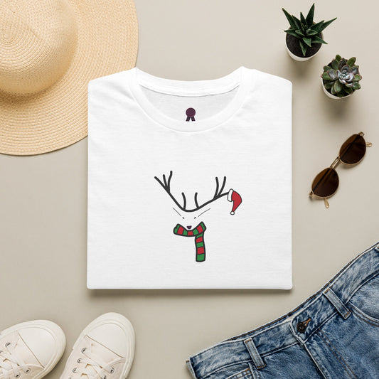 Reindeer Minimalist T‑Shirt — Festive Antlers, Scarf & Santa Hat Design