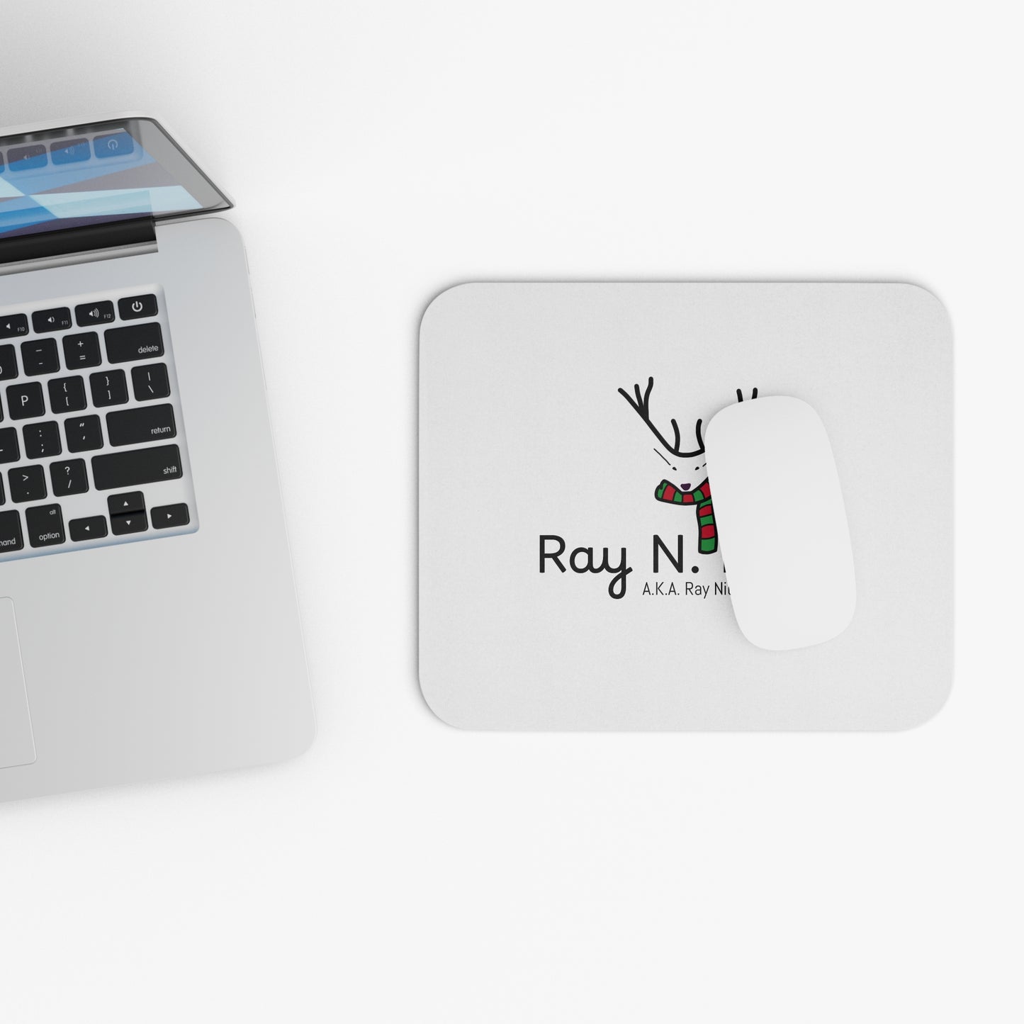 Ray N. Deer Holiday Mouse Pad — Cute Reindeer Antlers & Scarf Desk Mat