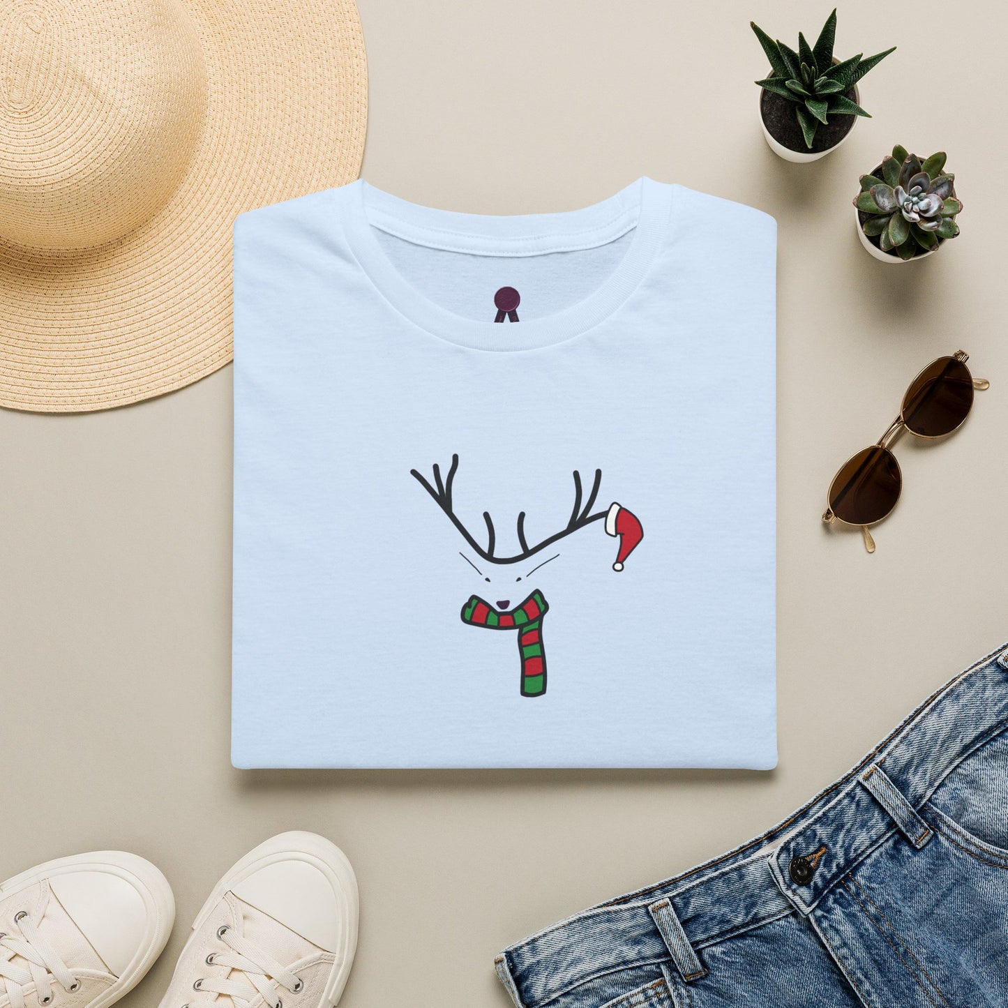 Reindeer Minimalist T‑Shirt — Festive Antlers, Scarf & Santa Hat Design