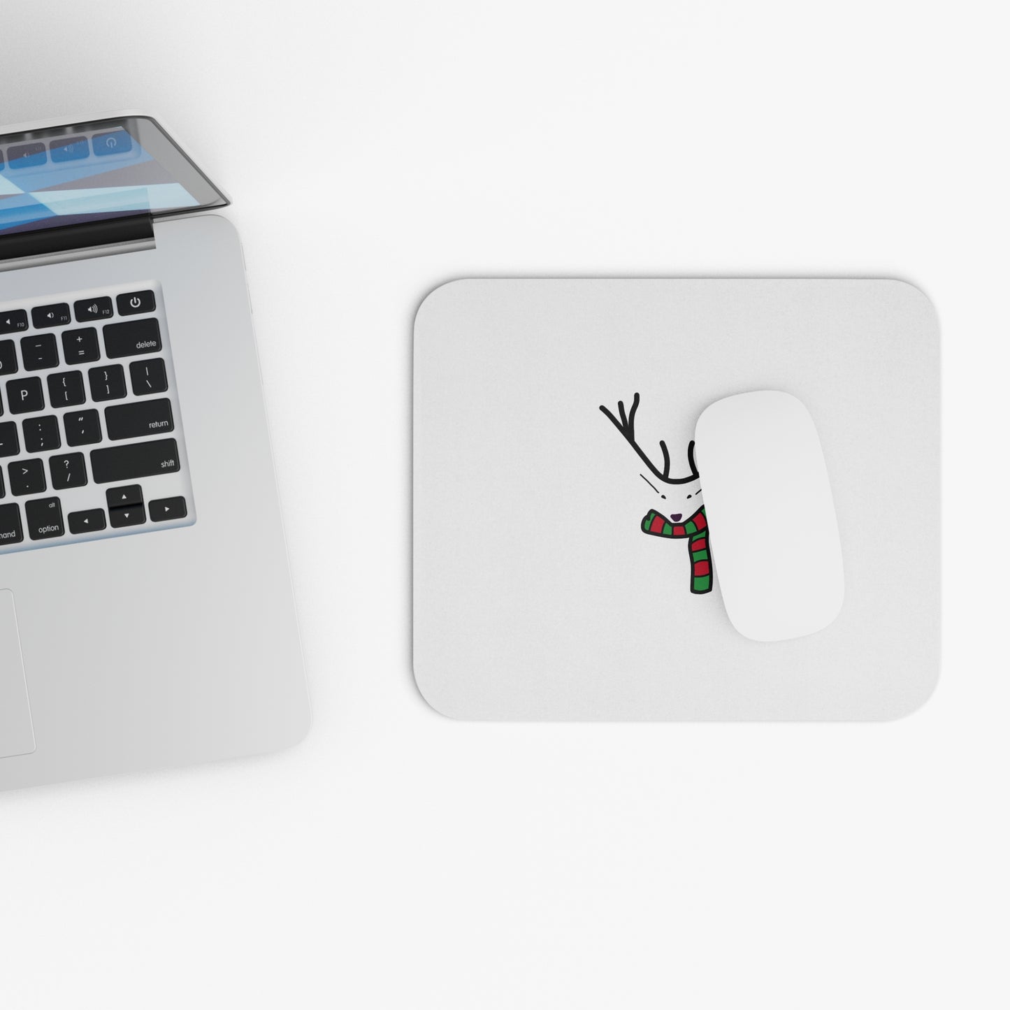 Festive Reindeer Mouse Pad — Cute Minimal Christmas Desk Mat with Santa Hat & Scarf