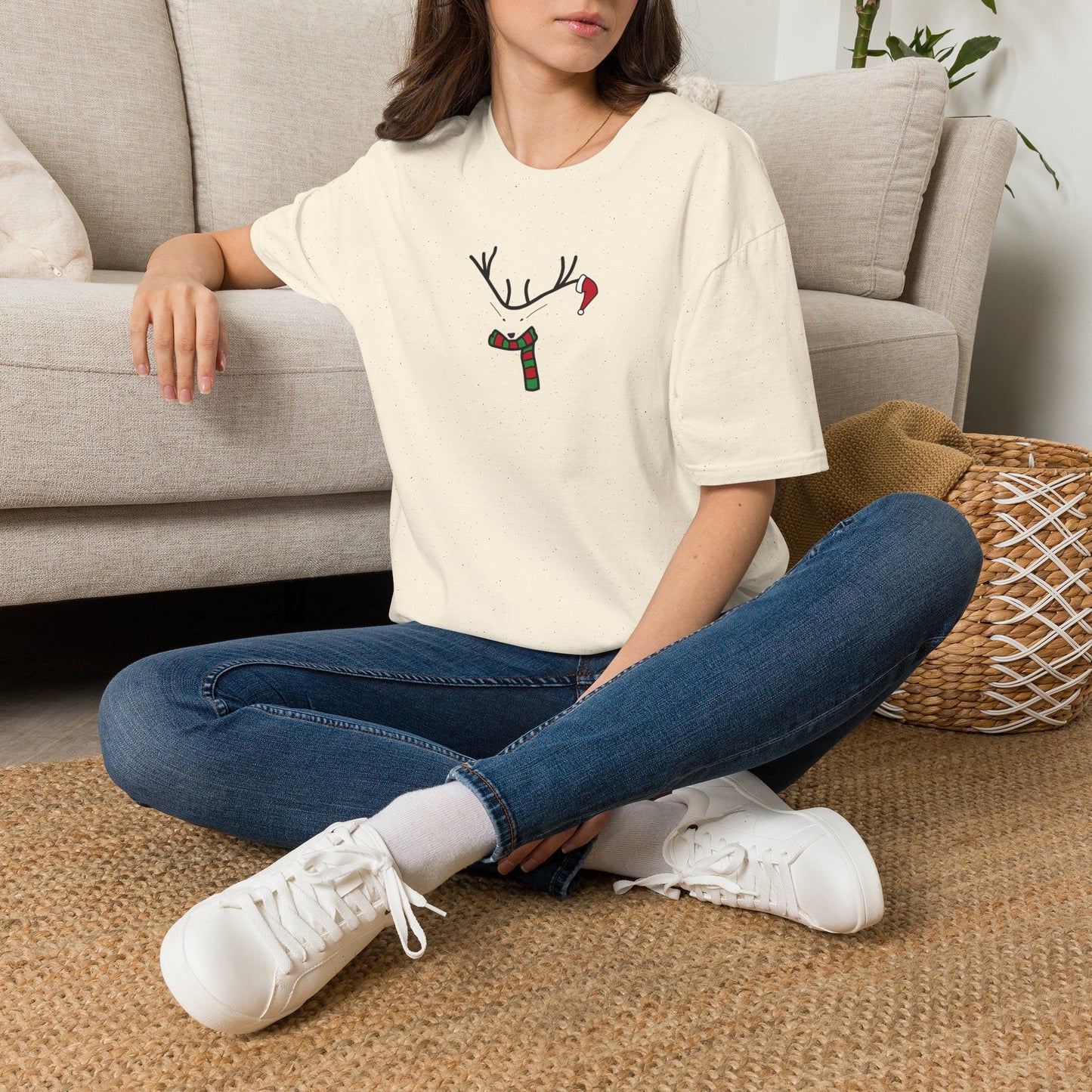 Reindeer Minimalist T‑Shirt — Festive Antlers, Scarf & Santa Hat Design