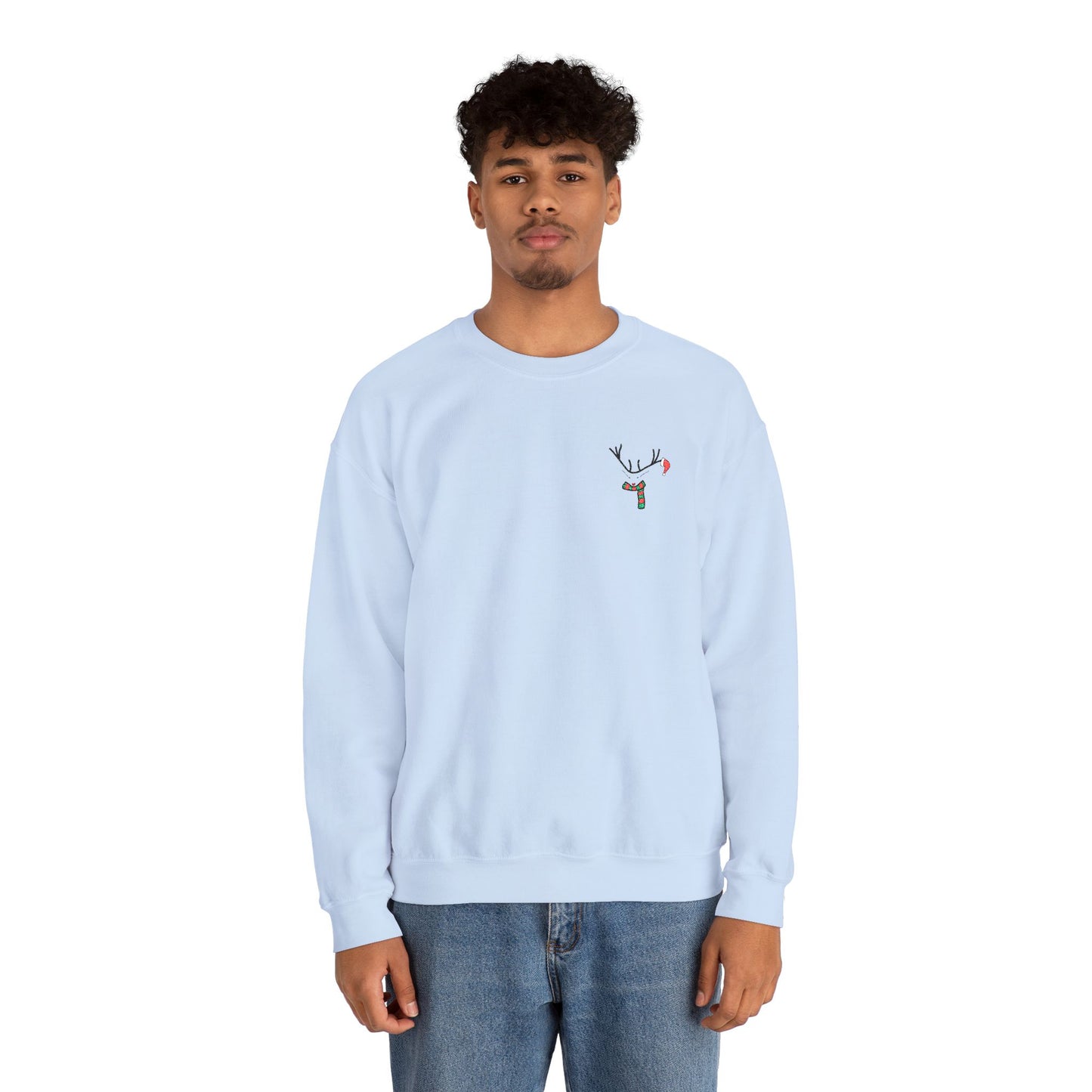Crewneck Sweatshirt — Minimal Reindeer Pocket Embroidery, Cute Christmas Holiday Pullover