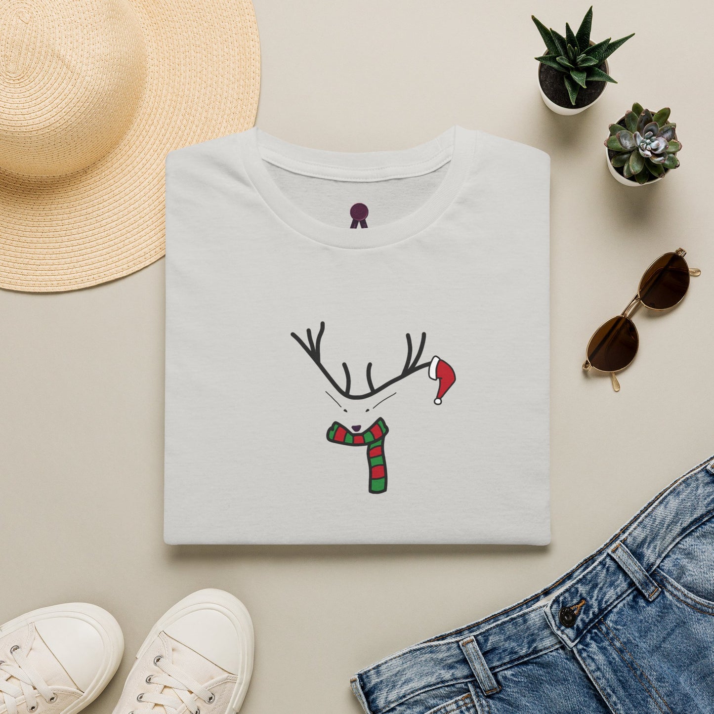 Reindeer Minimalist T‑Shirt — Festive Antlers, Scarf & Santa Hat Design