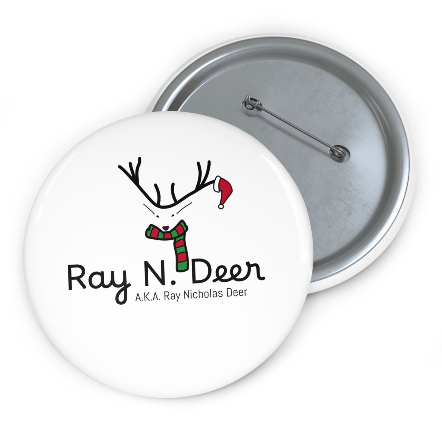 Ray N. Deer Holiday Pin Button — Cute Reindeer Badge with Scarf & Santa Hat