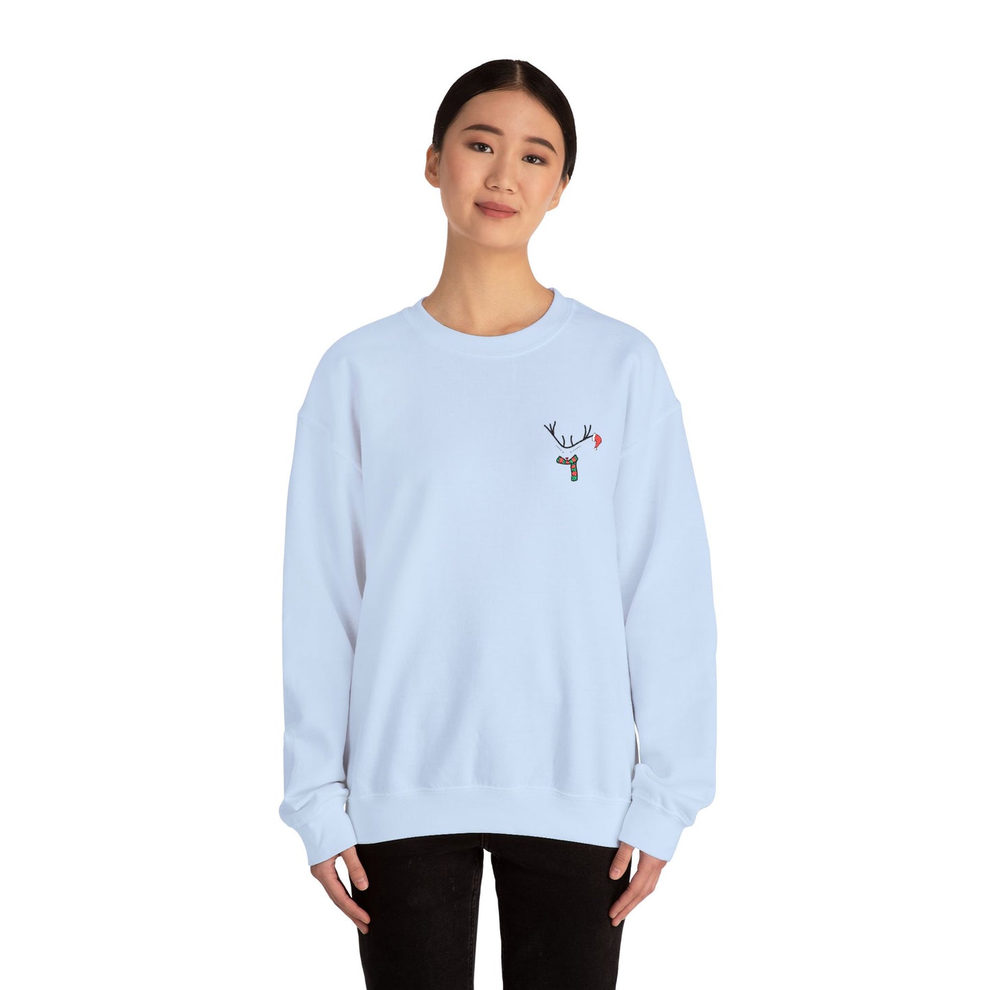 Crewneck Sweatshirt — Minimal Reindeer Pocket Embroidery, Cute Christmas Holiday Pullover