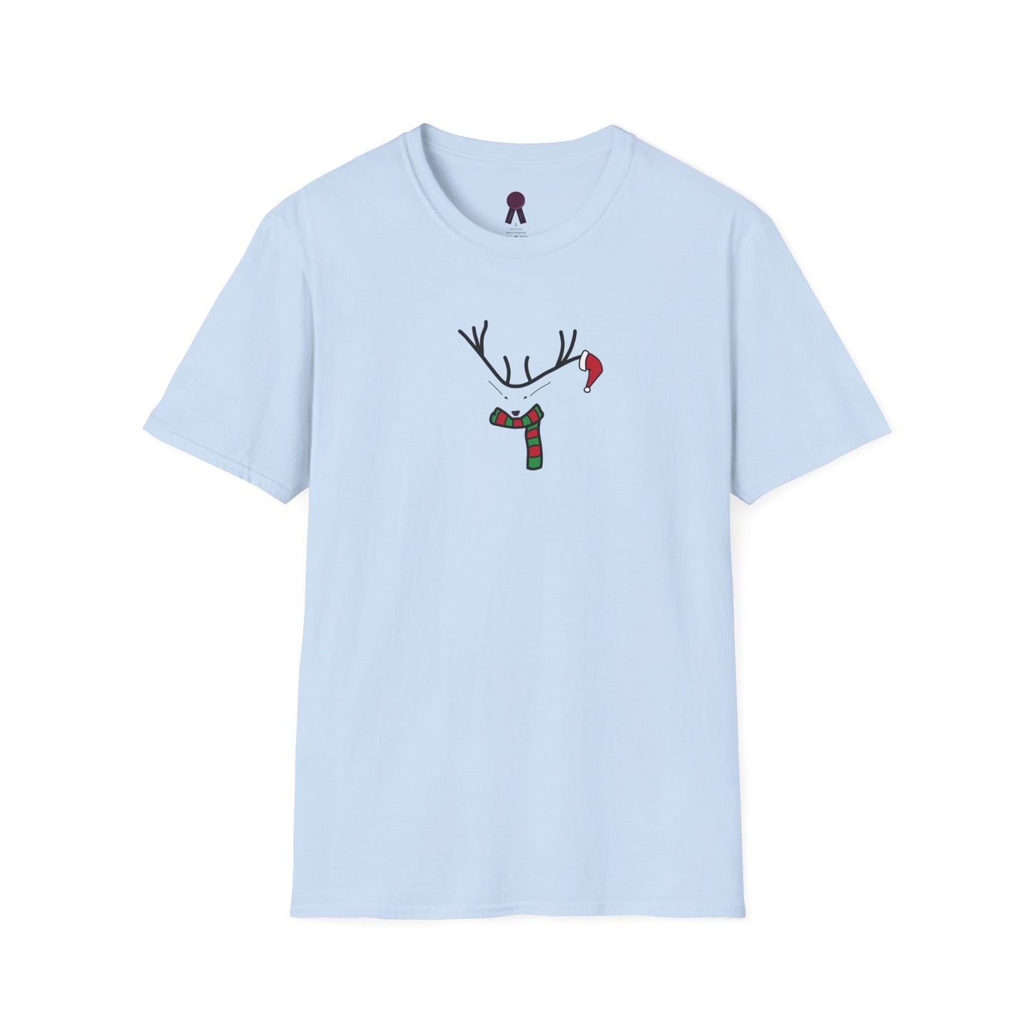 Reindeer Minimalist T‑Shirt — Festive Antlers, Scarf & Santa Hat Design