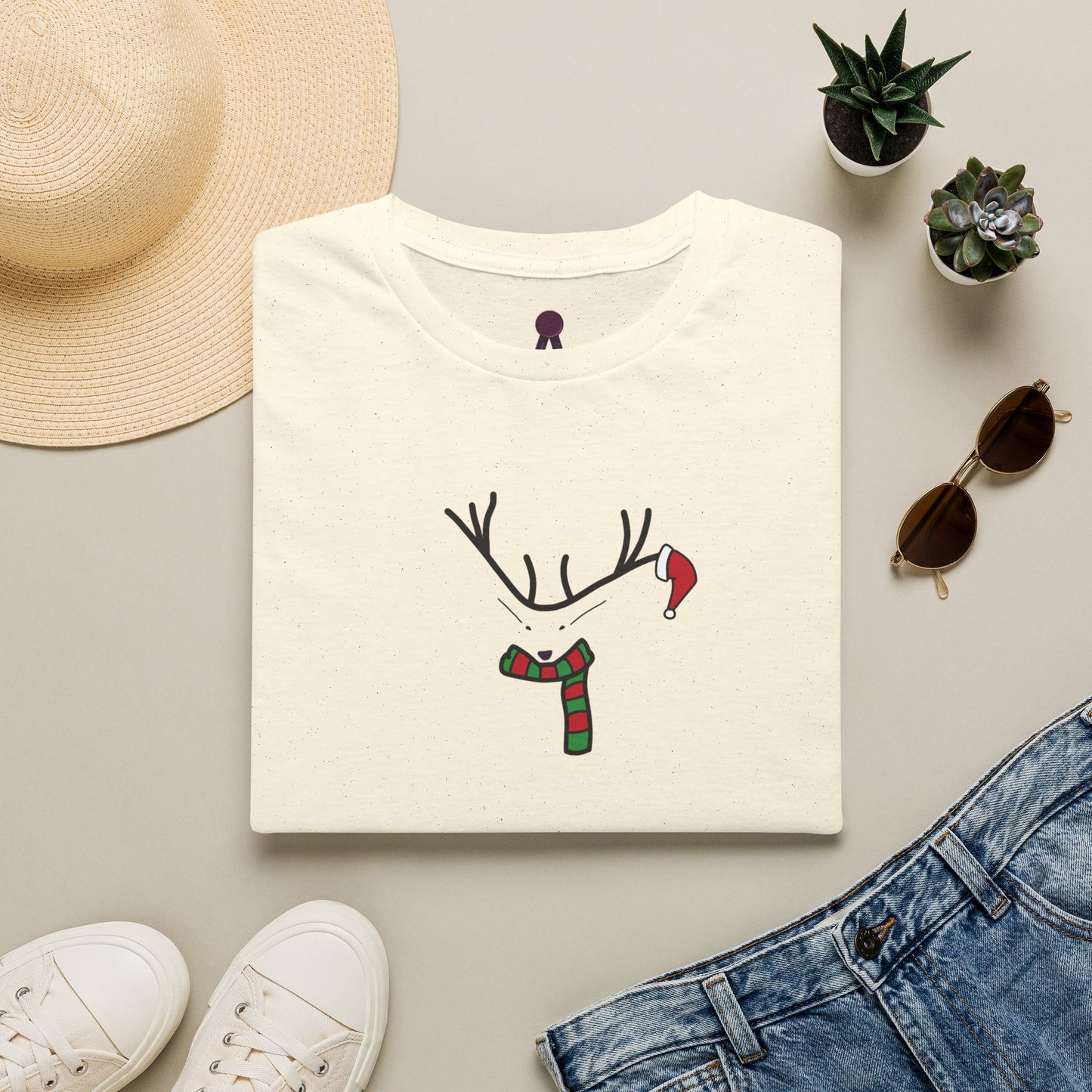 Reindeer Minimalist T‑Shirt — Festive Antlers, Scarf & Santa Hat Design