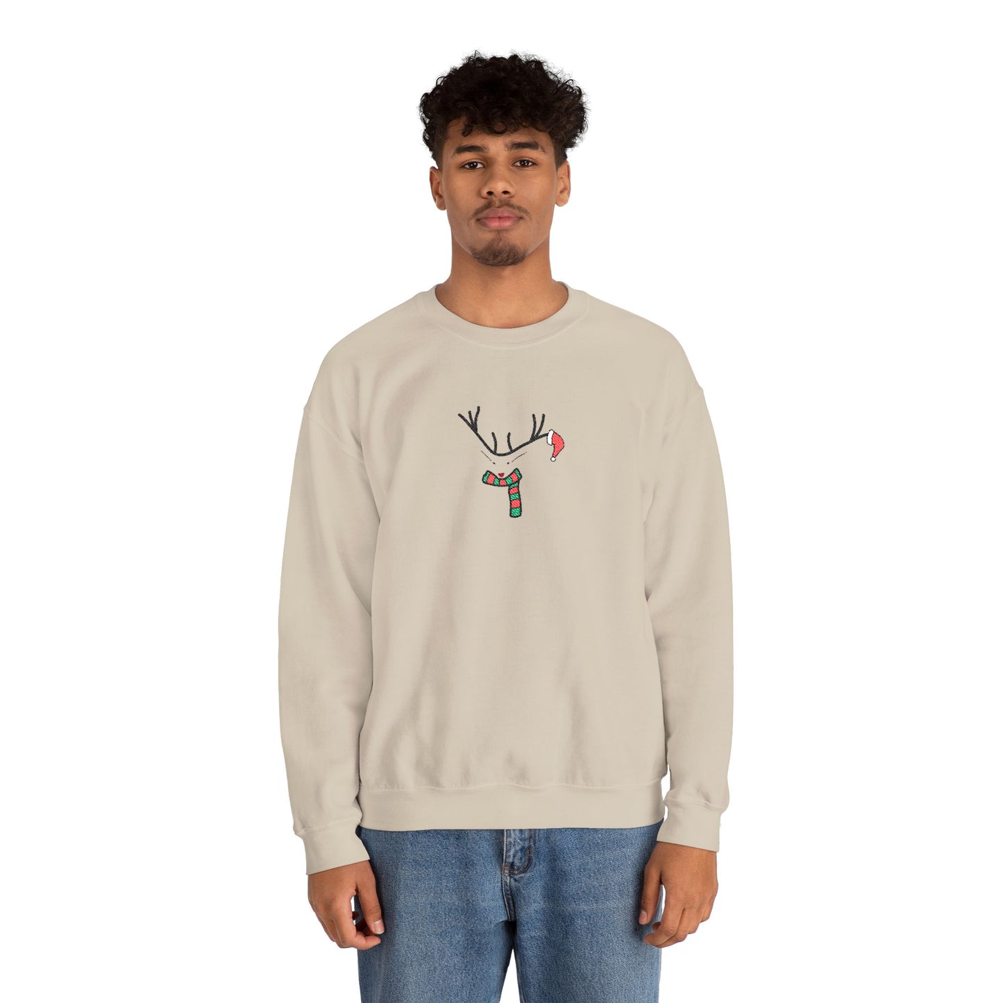 Embroidered Christmas Reindeer Minimalist Crewneck Sweatshirt