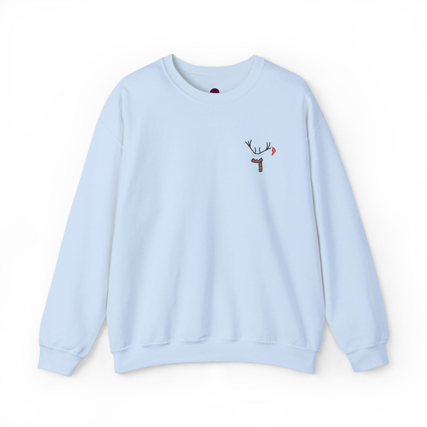 Crewneck Sweatshirt — Minimal Reindeer Pocket Embroidery, Cute Christmas Holiday Pullover