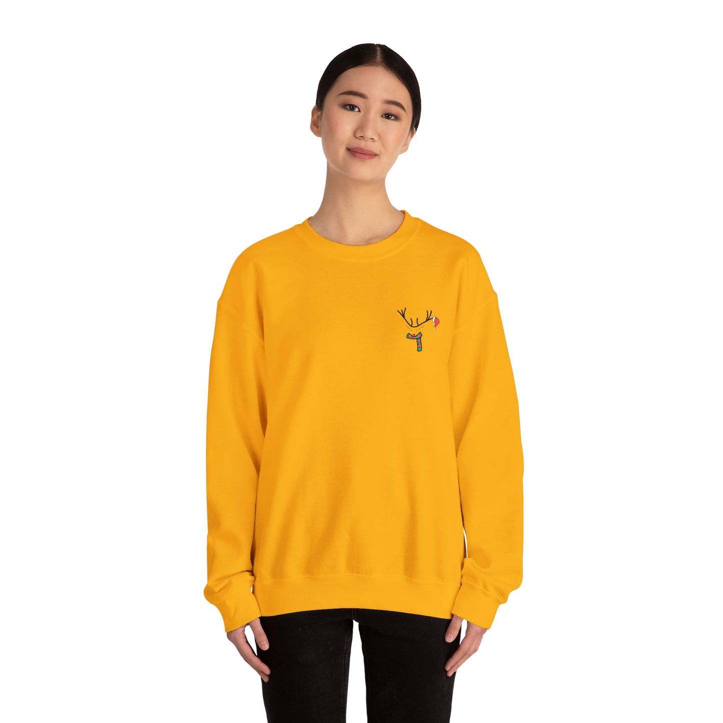 Crewneck Sweatshirt — Minimal Reindeer Pocket Embroidery, Cute Christmas Holiday Pullover