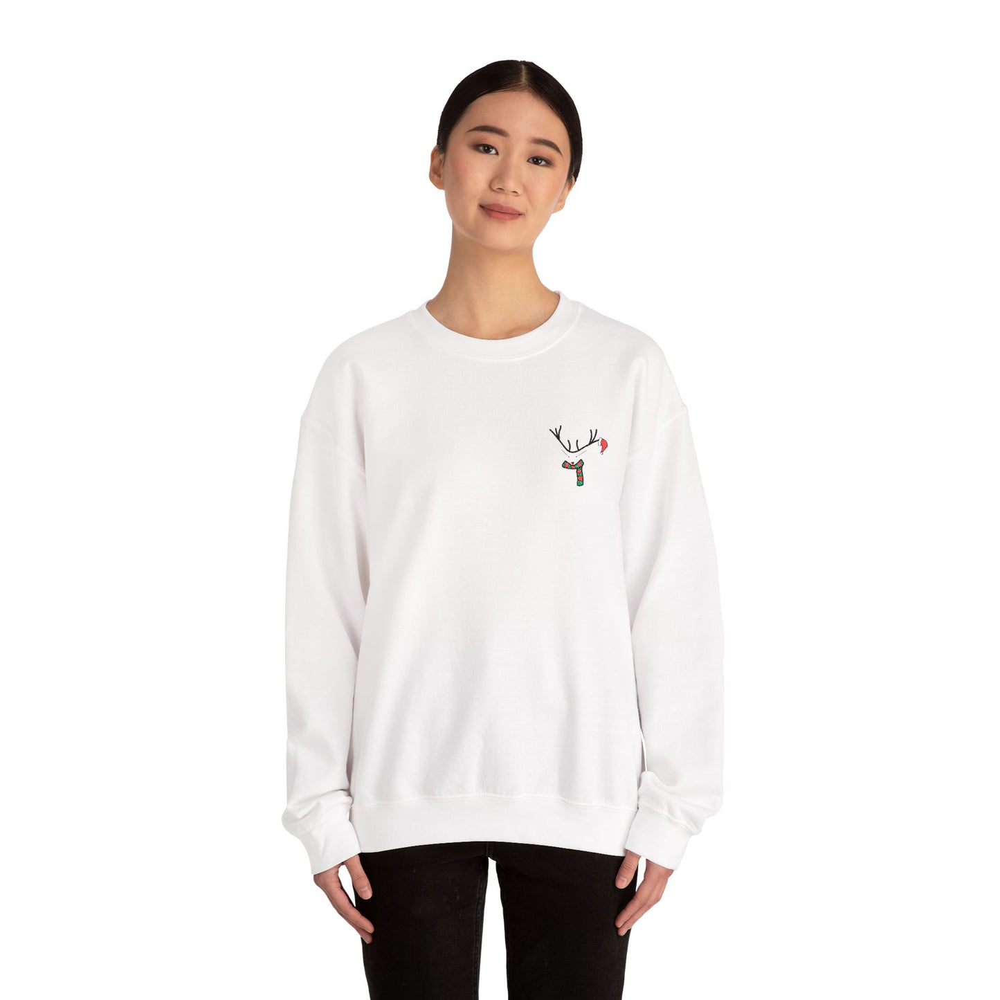 Crewneck Sweatshirt — Minimal Reindeer Pocket Embroidery, Cute Christmas Holiday Pullover