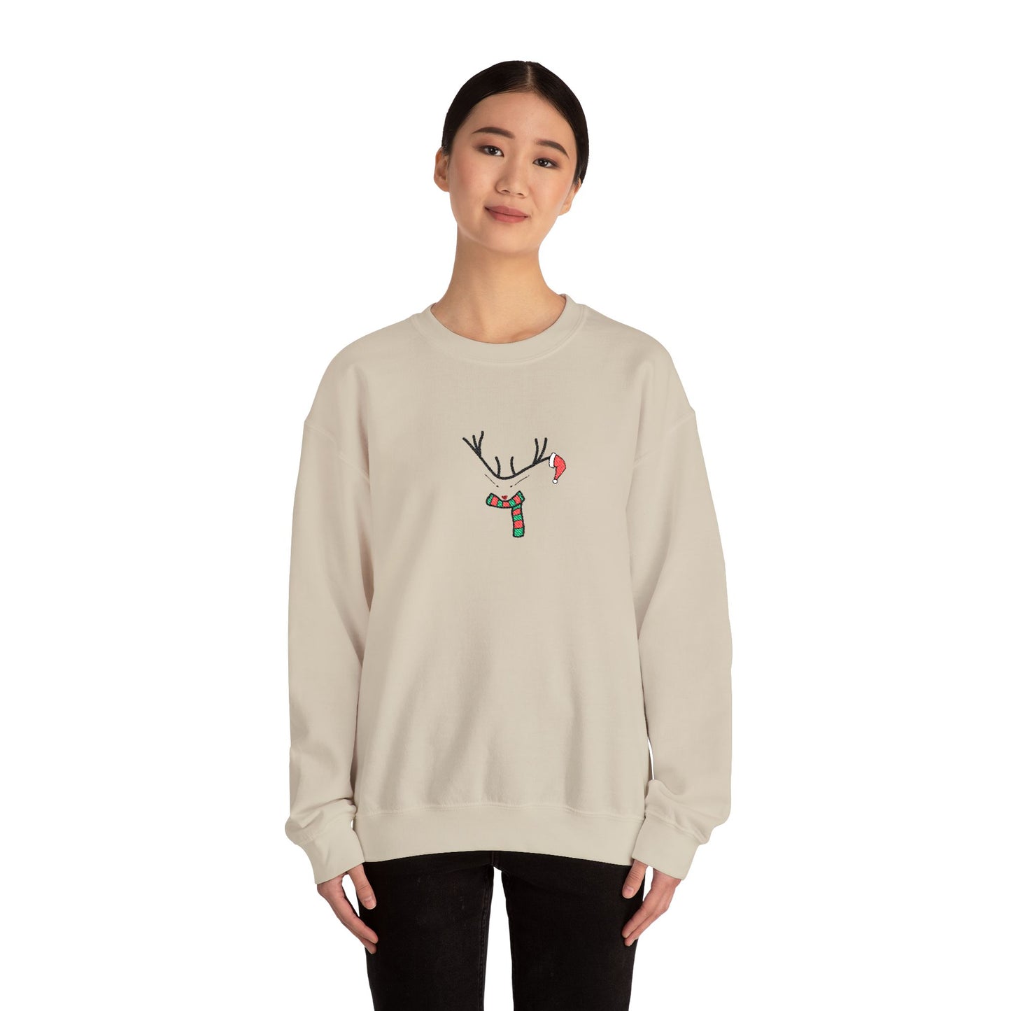Embroidered Christmas Reindeer Minimalist Crewneck Sweatshirt