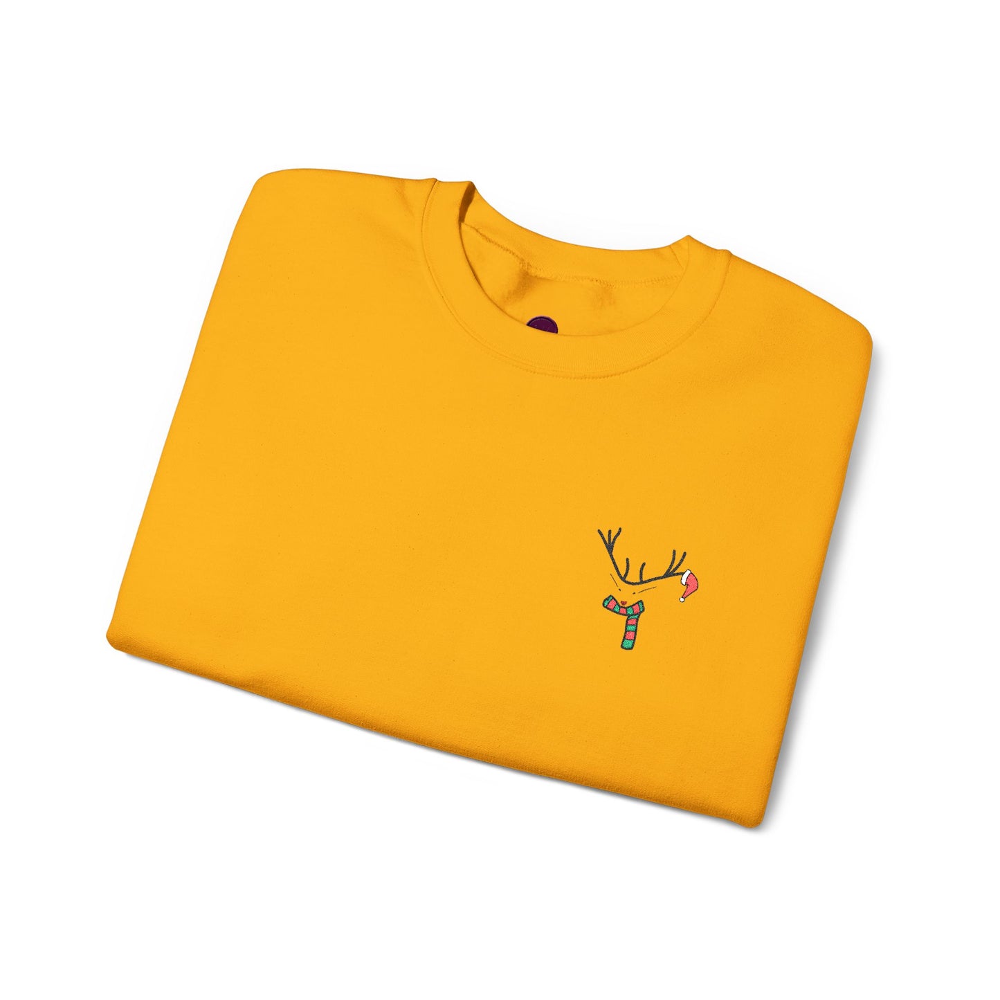 Crewneck Sweatshirt — Minimal Reindeer Pocket Embroidery, Cute Christmas Holiday Pullover