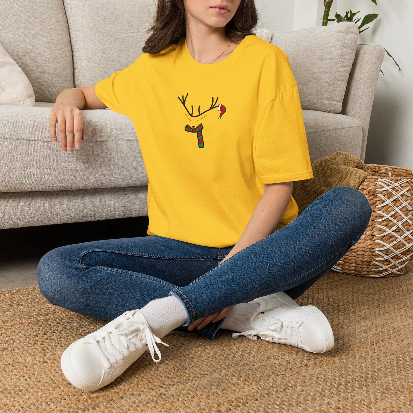 Reindeer Minimalist T‑Shirt — Festive Antlers, Scarf & Santa Hat Design