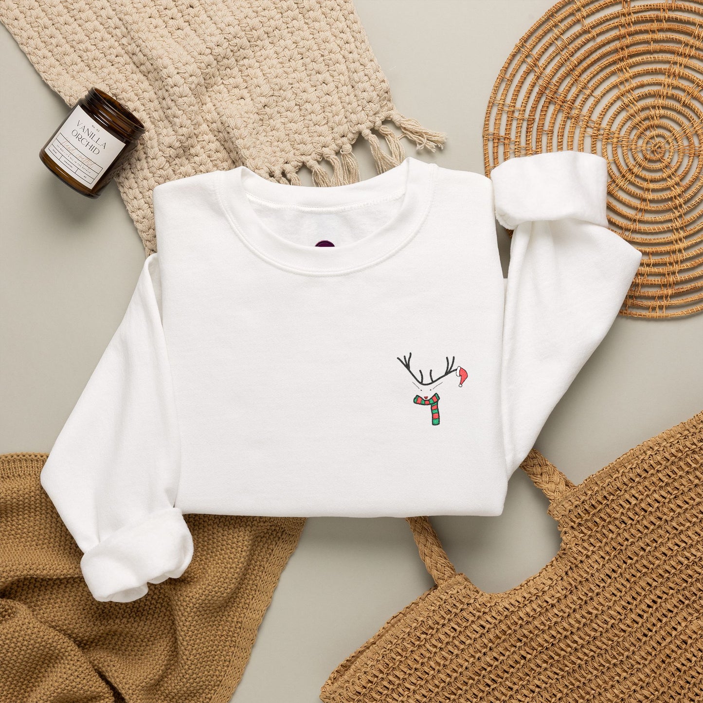 Crewneck Sweatshirt — Minimal Reindeer Pocket Embroidery, Cute Christmas Holiday Pullover
