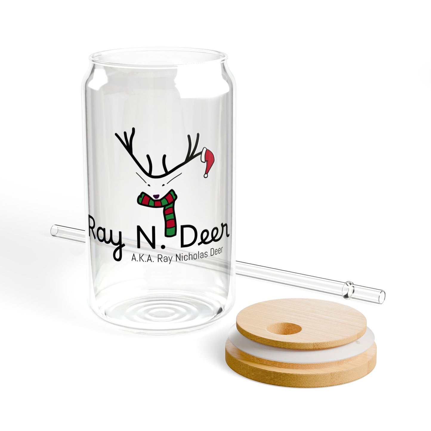 Ray N. Deer 16oz Sipper Glass – Holiday Reindeer Glass with Bamboo Lid & Straw