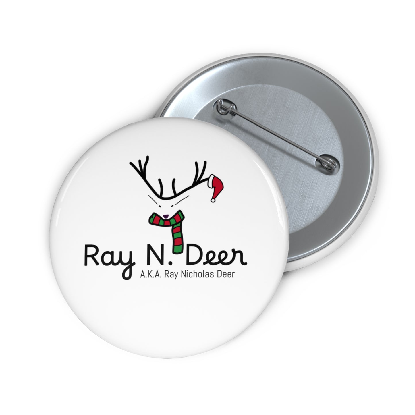 Ray N. Deer Holiday Pin Button — Cute Reindeer Badge with Scarf & Santa Hat