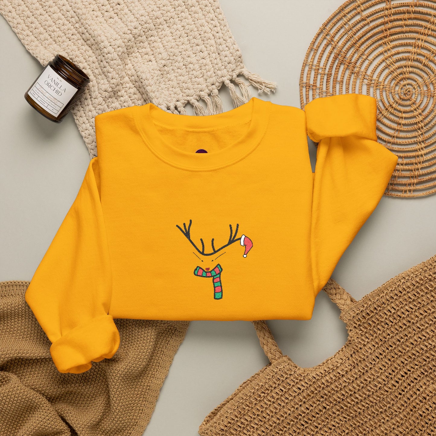 Embroidered Christmas Reindeer Minimalist Crewneck Sweatshirt
