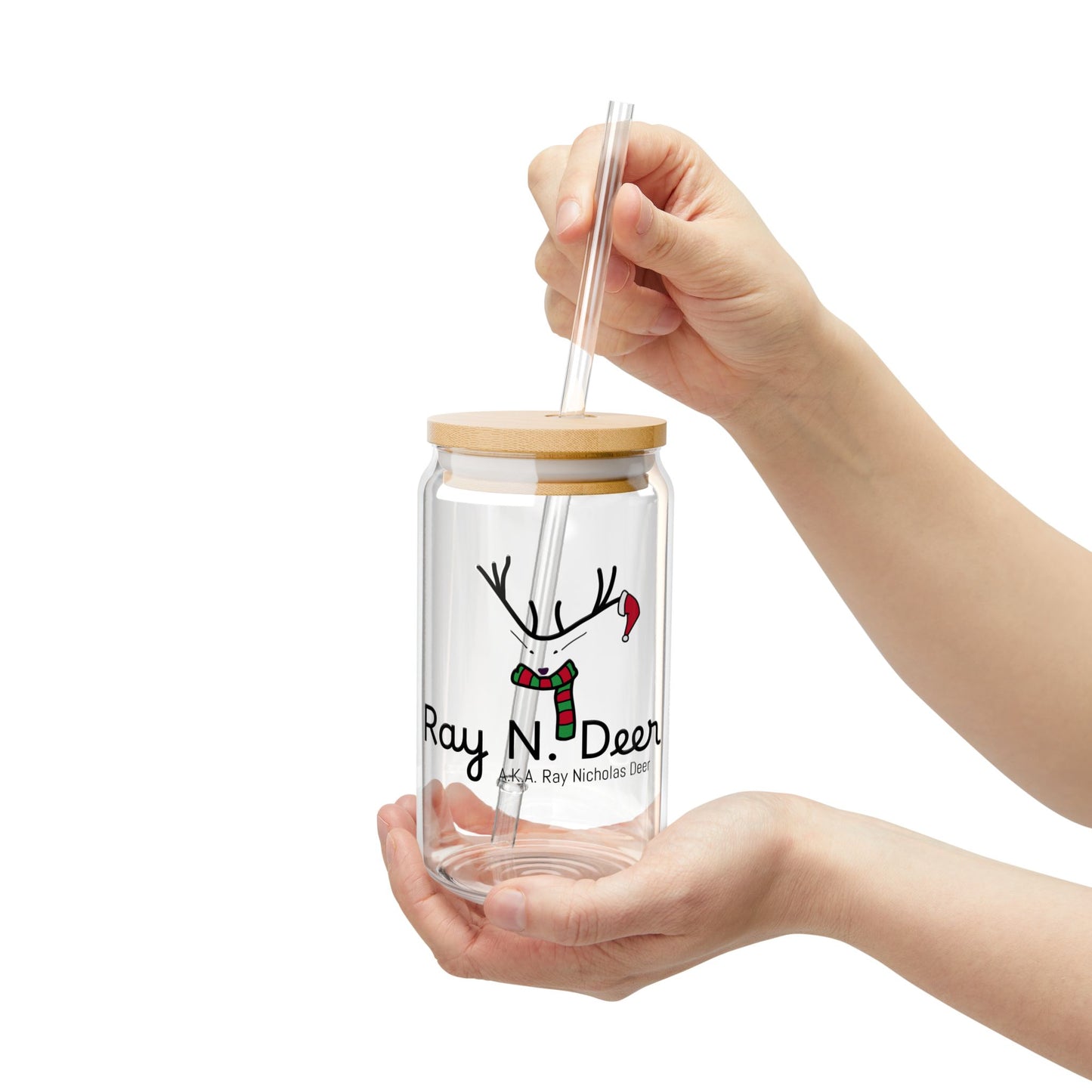 Ray N. Deer 16oz Sipper Glass – Holiday Reindeer Glass with Bamboo Lid & Straw