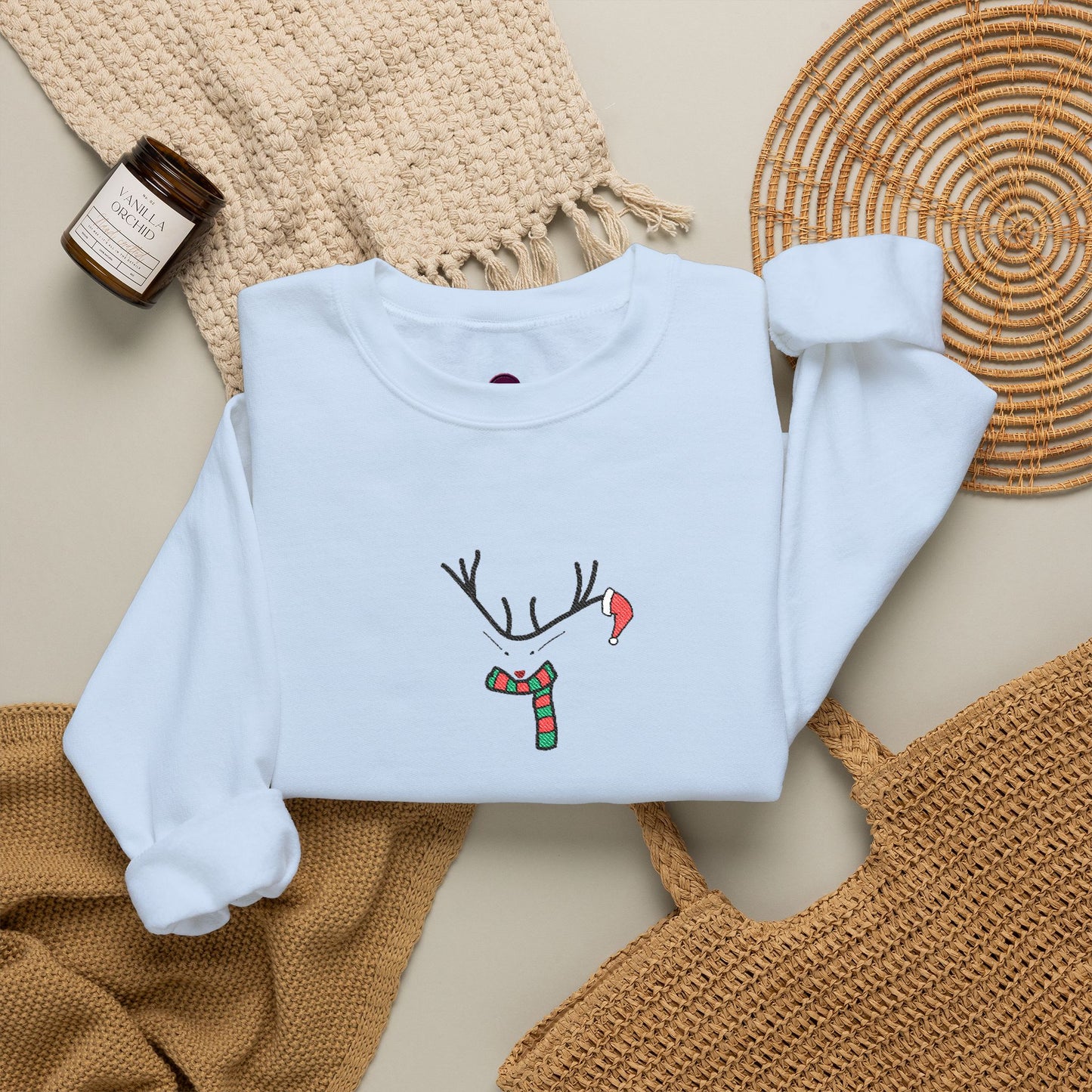 Embroidered Christmas Reindeer Minimalist Crewneck Sweatshirt